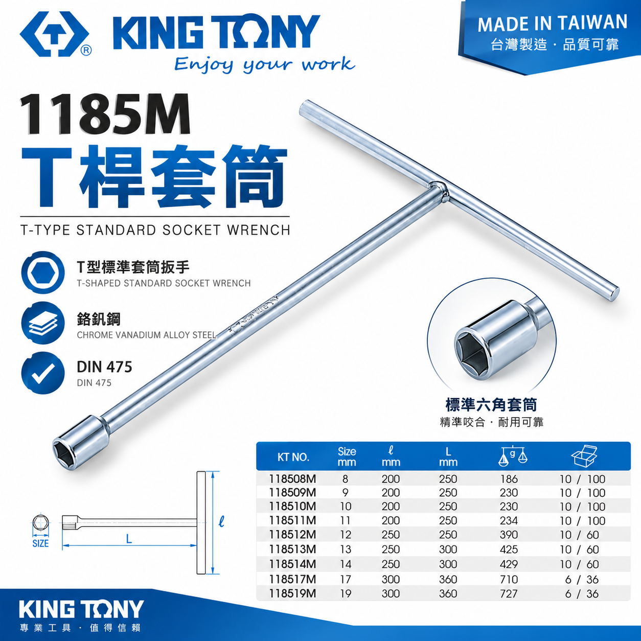 KING TONY 金統立｜零售8-19mm T型板手 標準套筒 T型套筒板手 T桿短套筒扳手｜1185M
