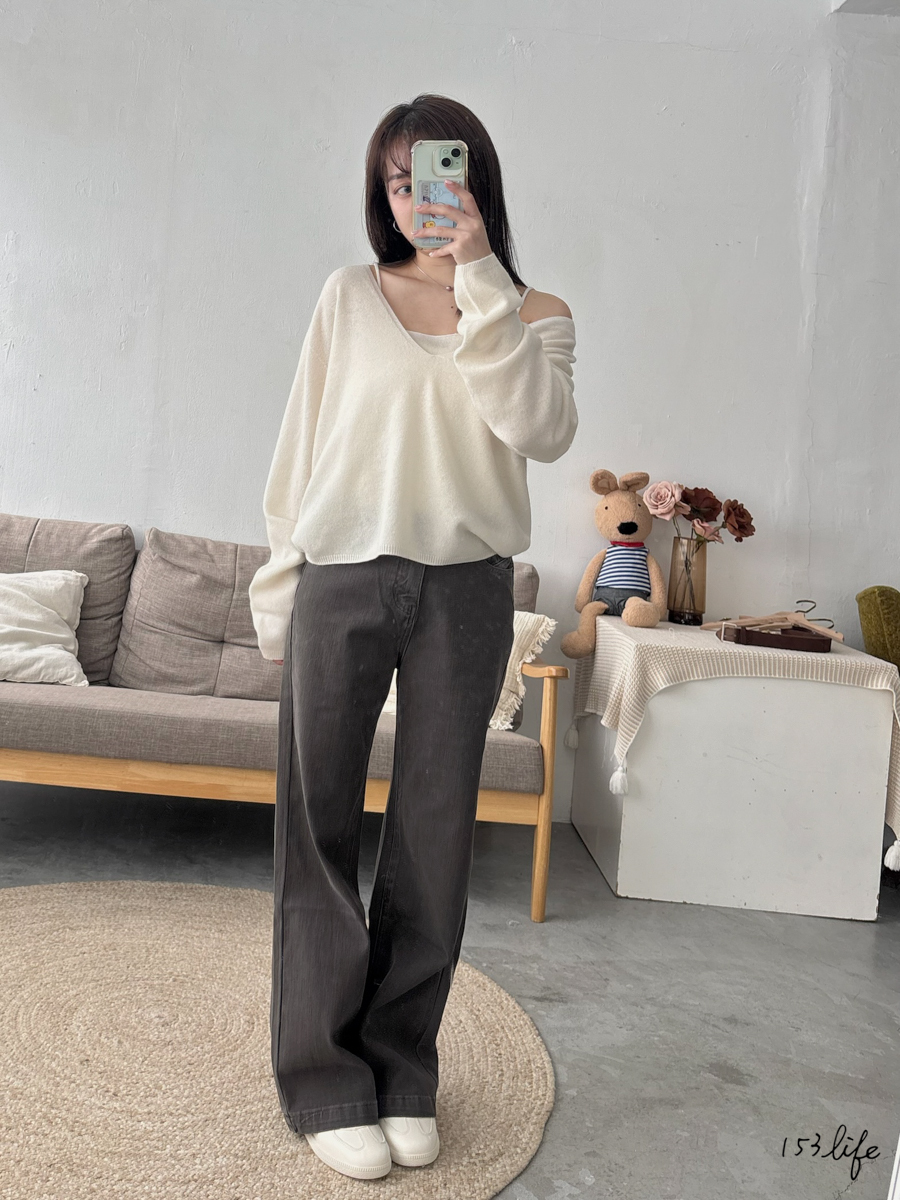 P5八面彈深灰直筒牛仔寬褲(S-XL)