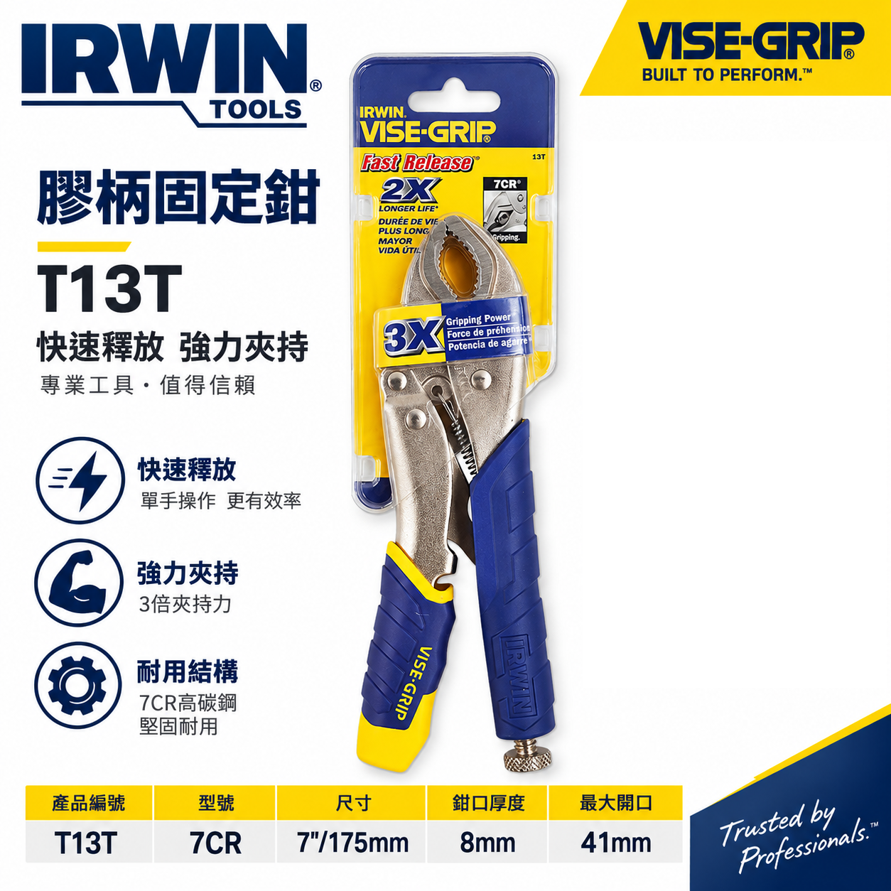 美國 IRWIN 握手牌｜膠柄 7CR｜快速釋放式萬能鉗 7" 人體工學握柄 膠柄固定鉗 固定夾鉗｜T13T