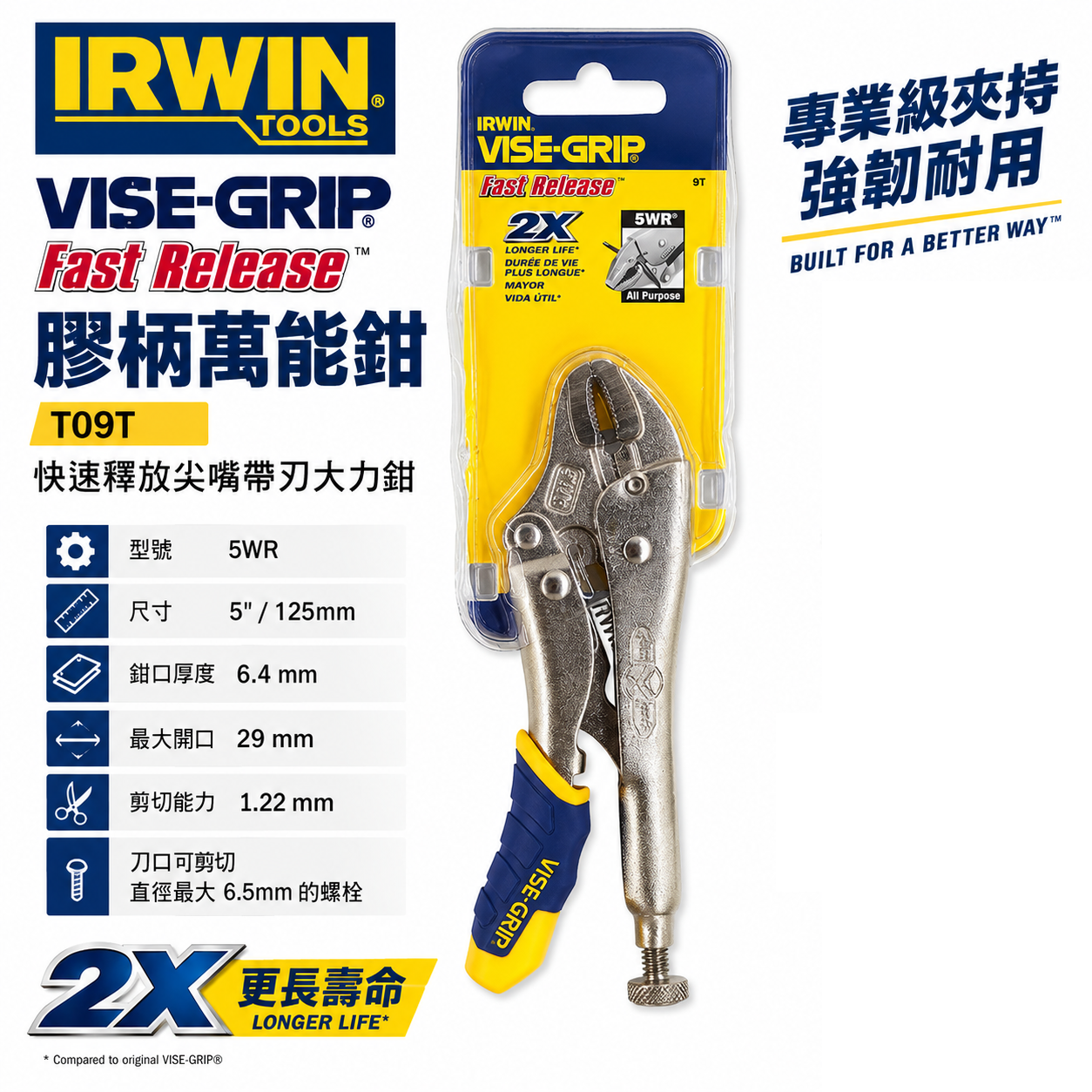 美國 IRWIN 握手牌｜膠柄 5WR｜人體工學握柄膠柄萬能鉗 5" 快速釋放式固定鉗 萬能夾鉗｜T09T