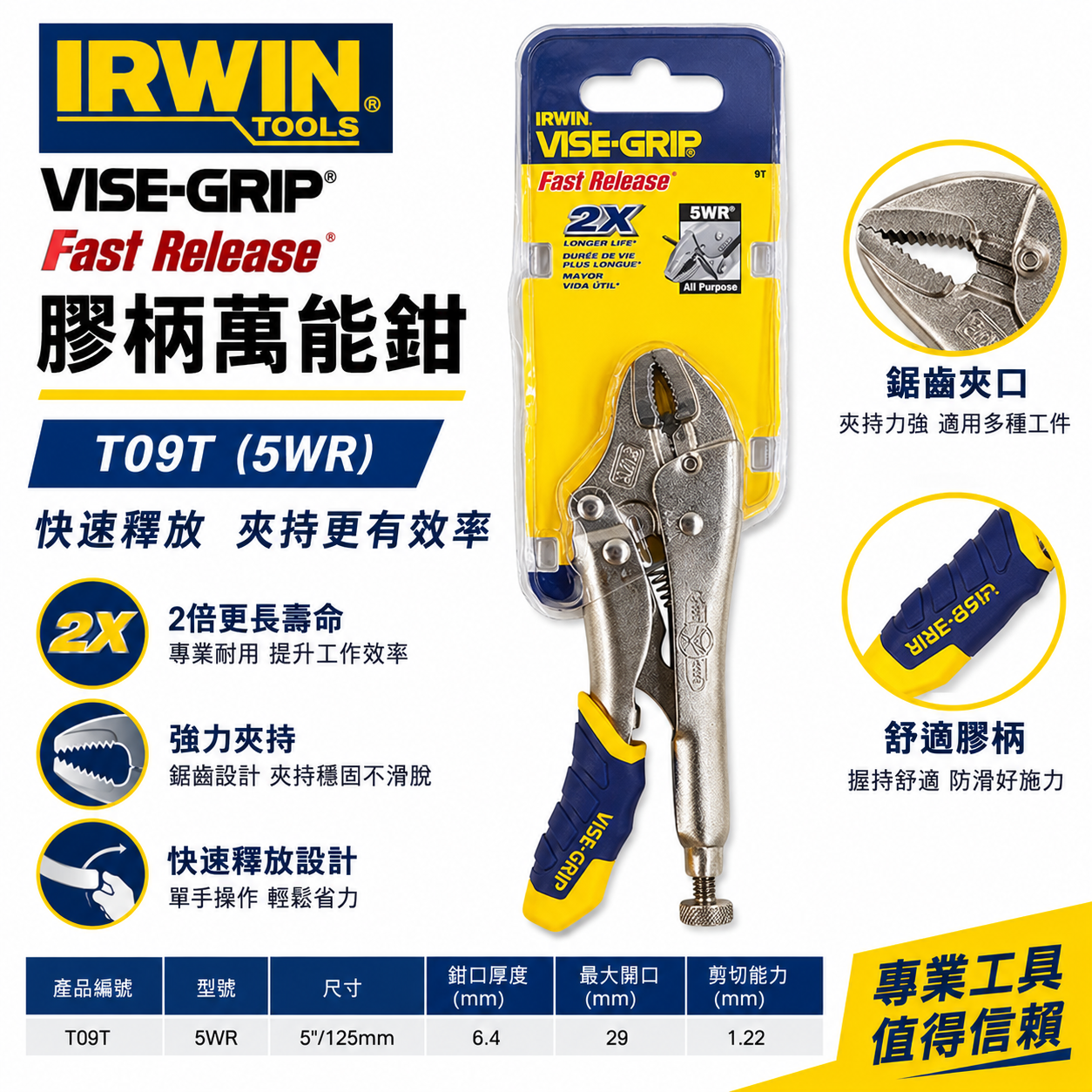 美國 IRWIN 握手牌｜膠柄 5WR｜人體工學握柄膠柄萬能鉗 5" 快速釋放式固定鉗 萬能夾鉗｜T09T