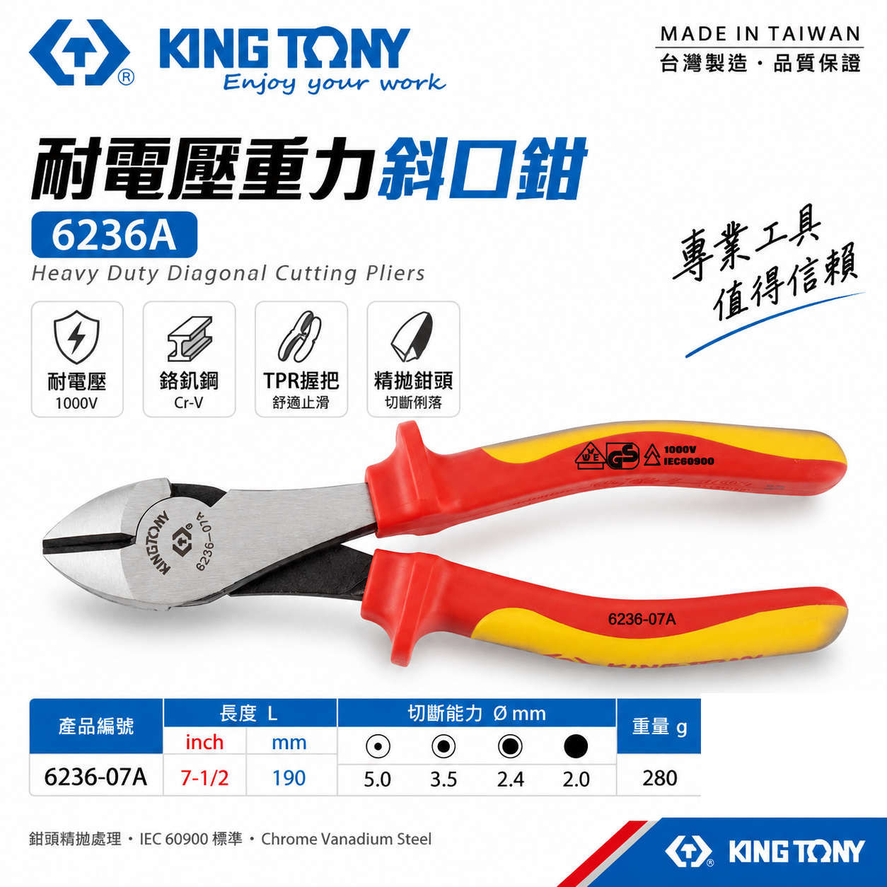 KING TONY 金統立 台灣製｜7-1/2" 耐電壓重力斜嘴鉗 TPR膠柄耐電壓斜口鉗｜6236-07A｜6236A