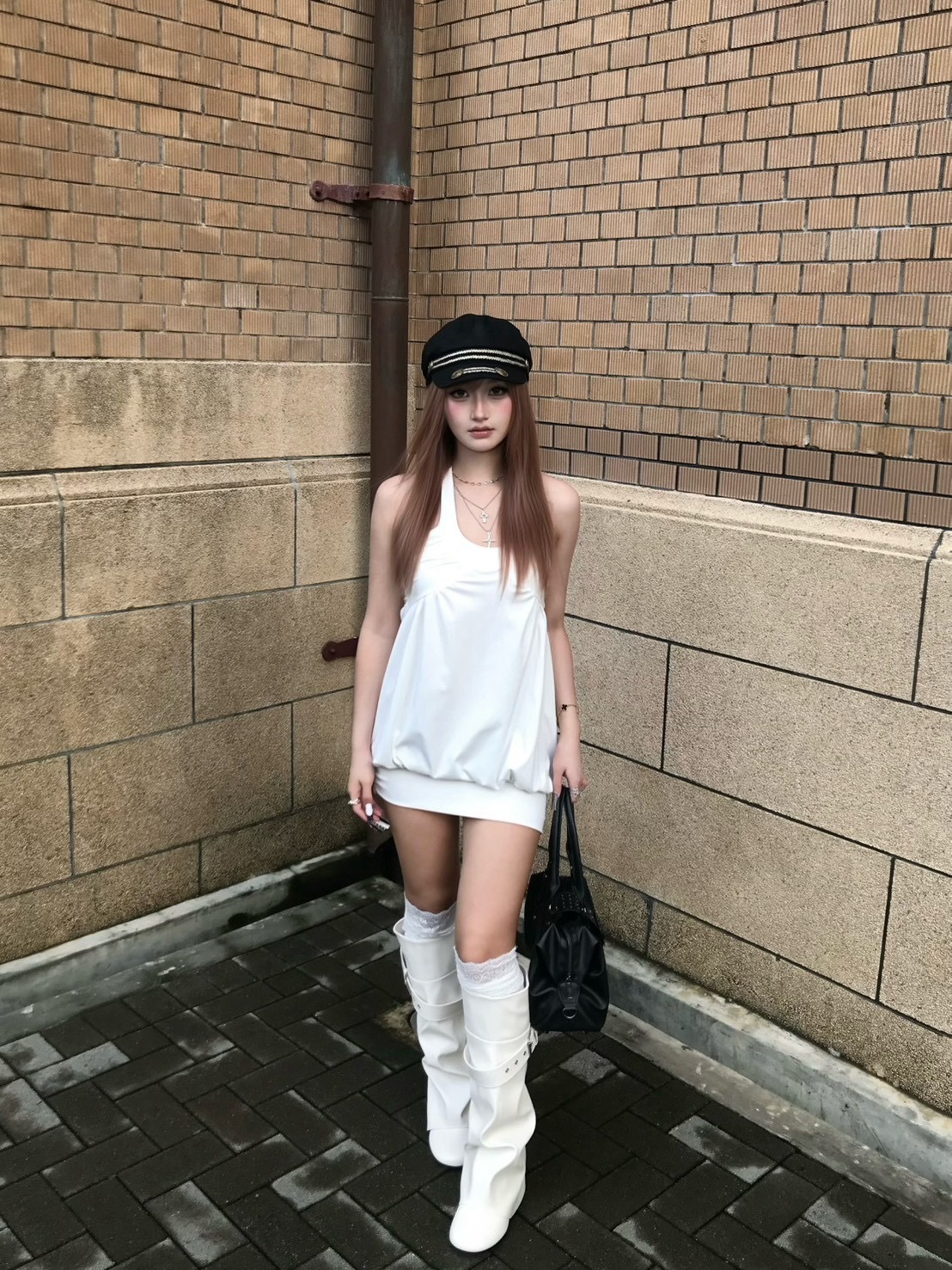 古早白月光 V領掛脖連身裙