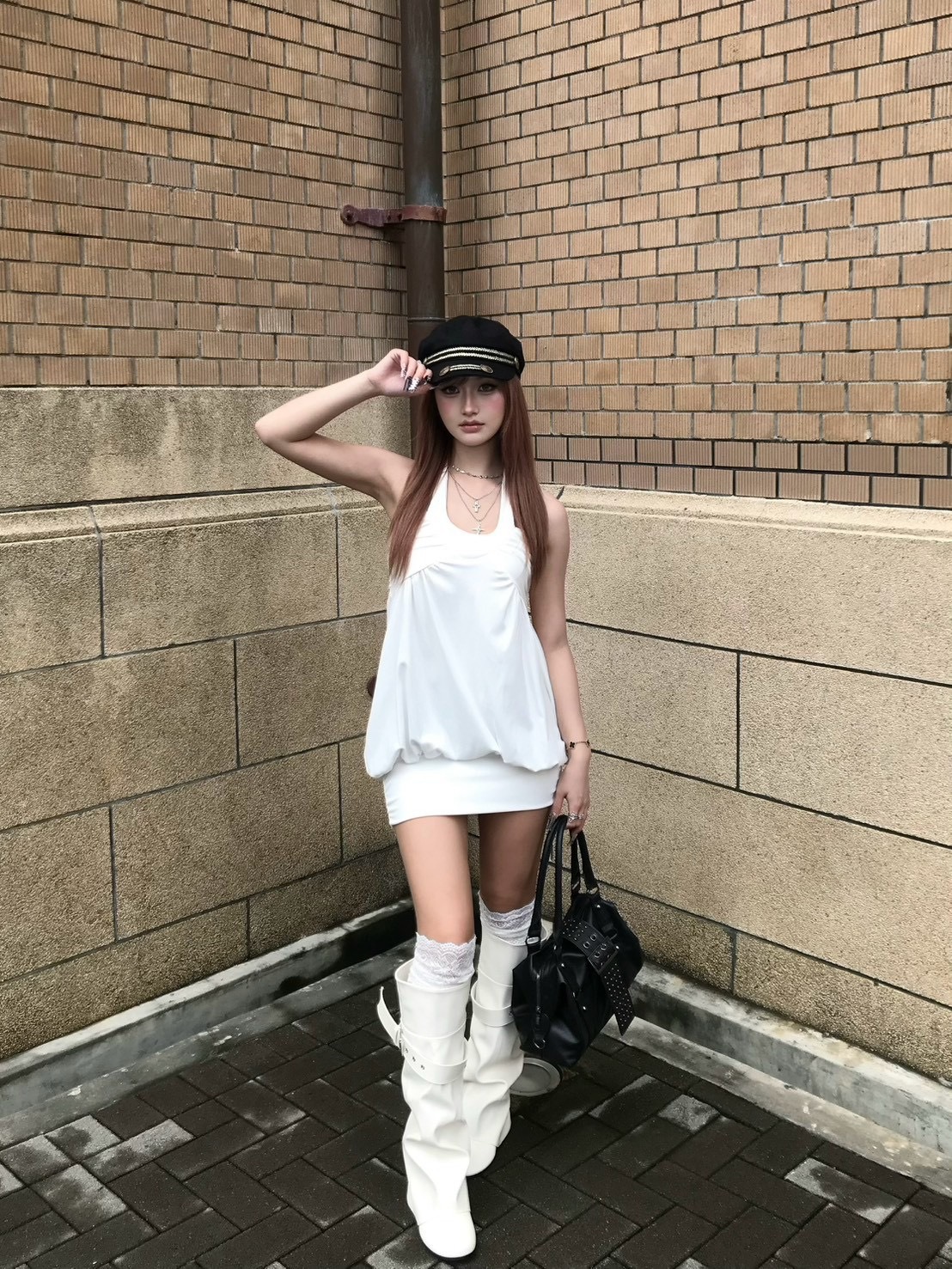 古早白月光 V領掛脖連身裙