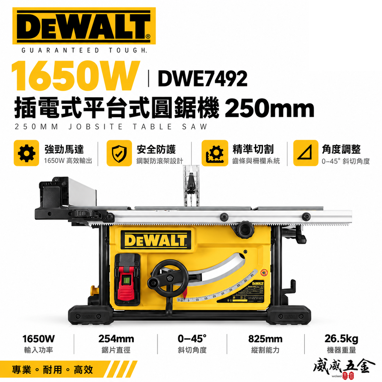 DEWALT 美國 得偉｜1650W 插電式平台式圓鋸機 250mm 桌上型圓鋸機 110V｜DWE7492｜公司貨