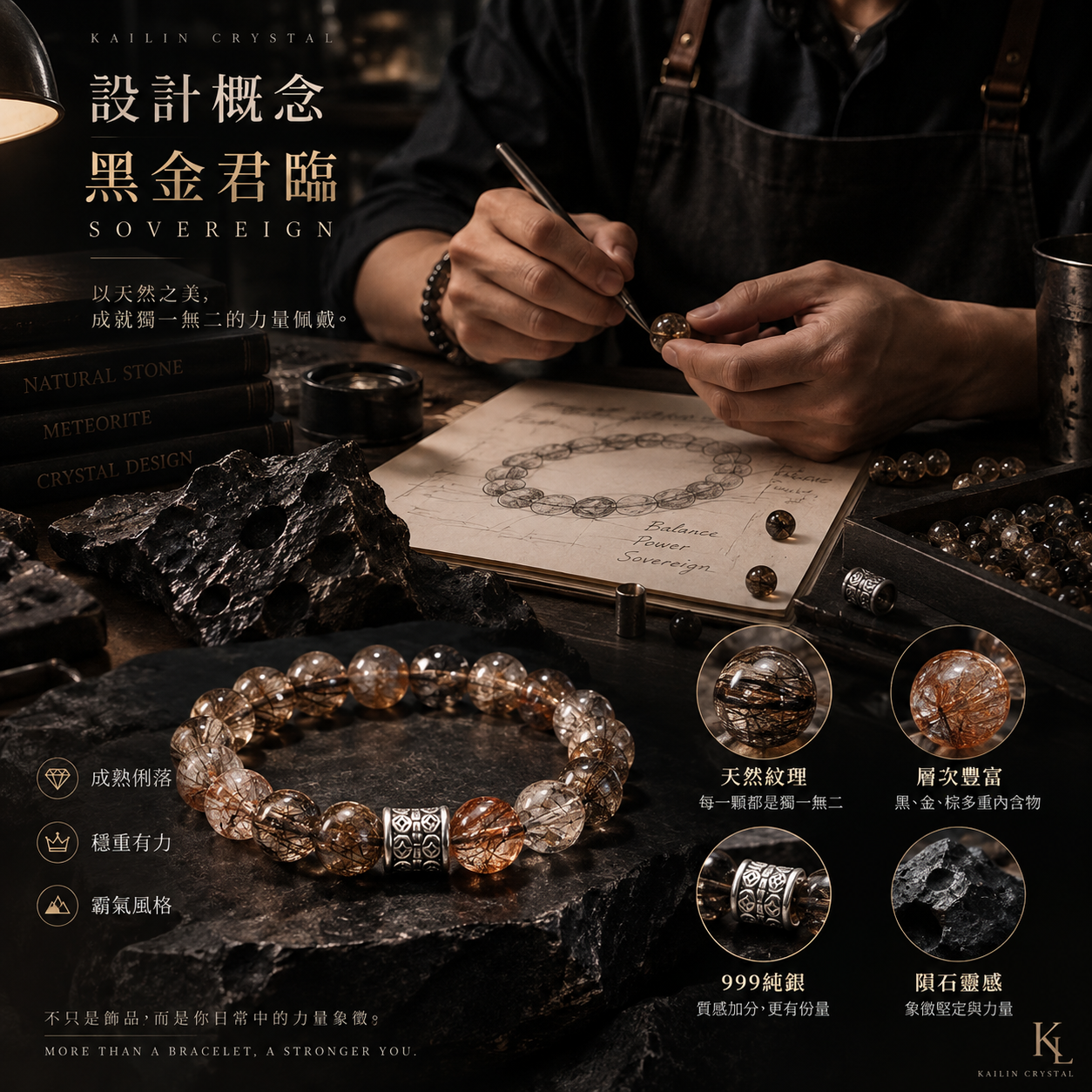 黑金超水晶手鍊｜黑金君臨 SOVEREIGN 999純銀天然水晶手鍊設計