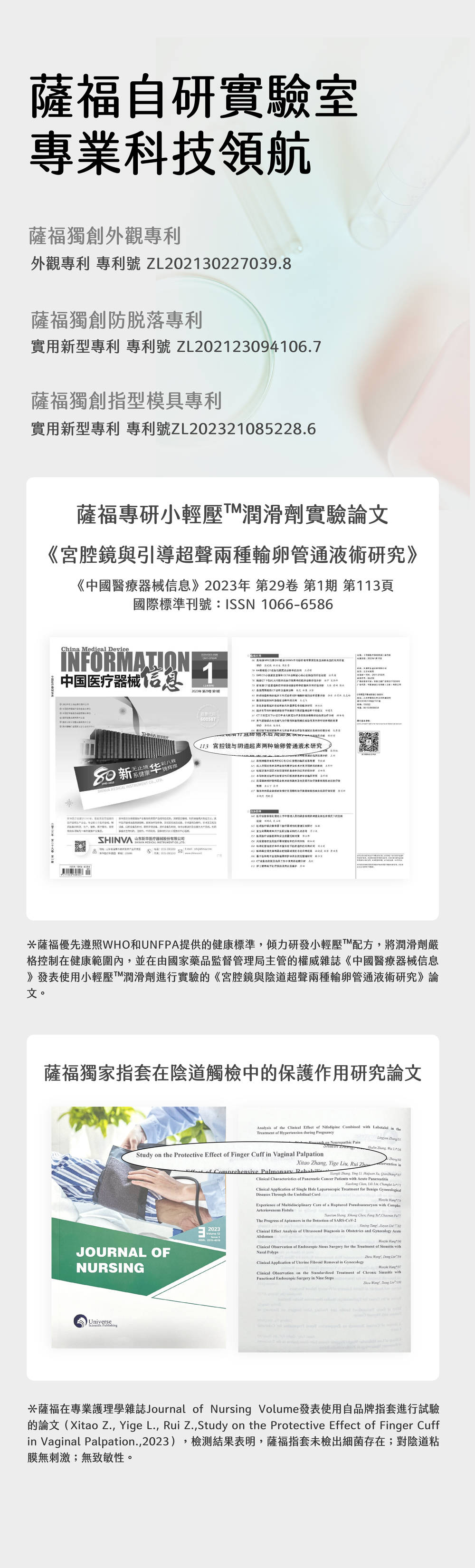 SAPPHO from Lesbos 本源+ 醫美級特潤手指套新手推薦，列出品牌多項外觀與實用新型專利，及醫學期刊研究論文背書。