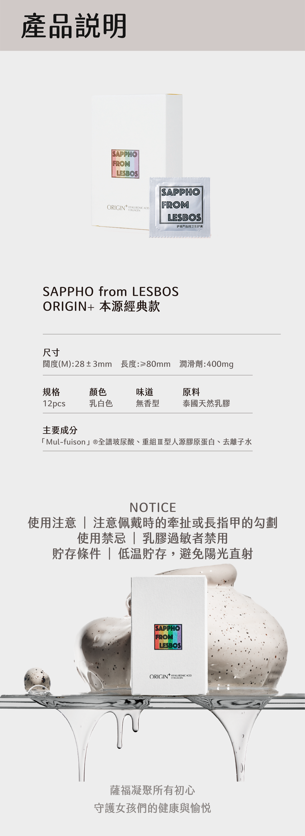 SAPPHO from Lesbos 本源+ 醫美級特潤手指套情侶實戰，條列12入規格、泰國天然乳膠材質及主要成分等詳細產品說明。
