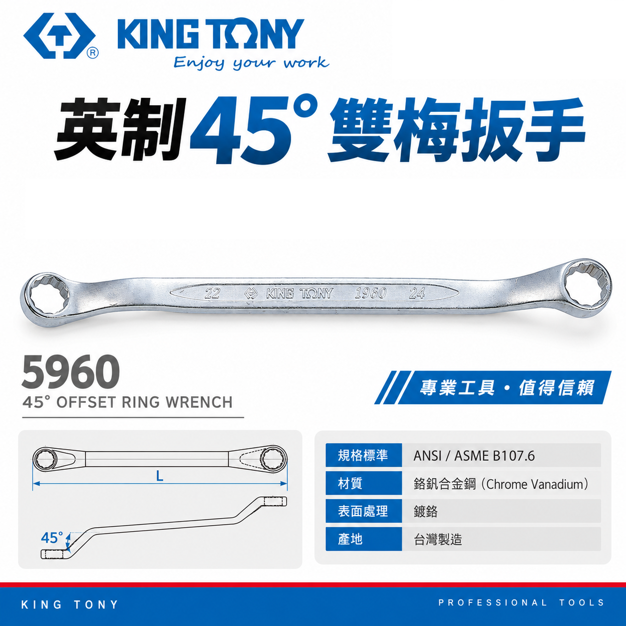 KING TONY 金統立｜英制 雙梅扳手 薄壁雙梅花扳手 梅花雙頭板手 45度梅花板手｜5960｜台灣製