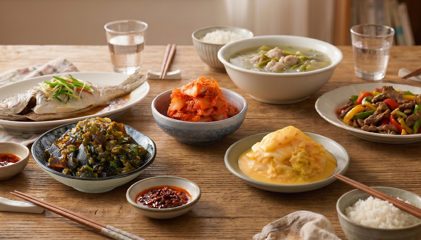 協發行泡菜產品-催淚皮蛋辣椒、韓式泡菜、黃金泡菜-居家餐桌盤裝呈現