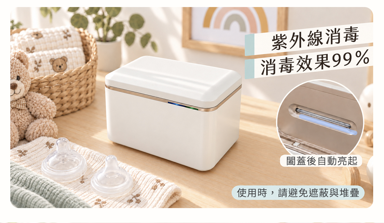 KF240 闔蓋機身搭配上蓋內側 UVC 燈管局部特寫,奶瓶奶嘴置於機外,說明「UVC 功能,請於闔蓋後使用」。育兒用品清潔若需搭配紫外線功能,應依原廠說明操作,避免配件遮蔽與堆疊。