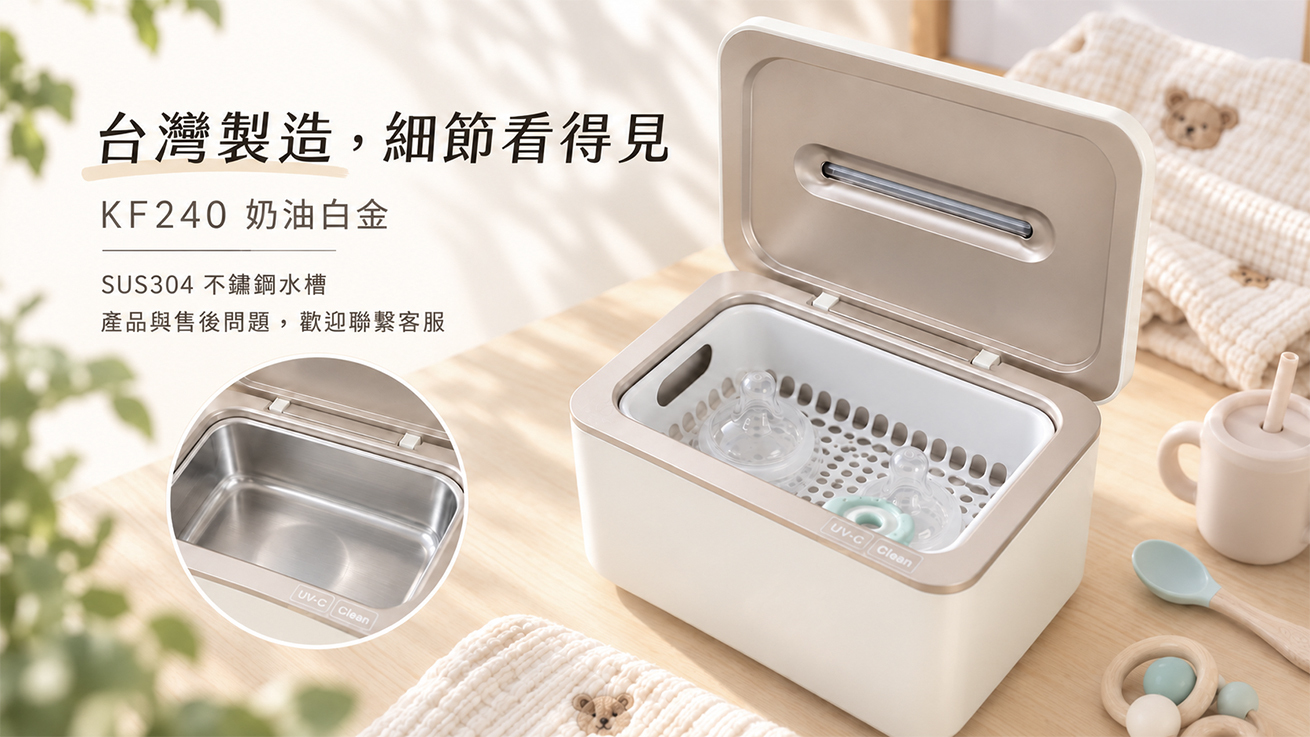 KF240 奶油白金超音波清洗機搭配不鏽鋼水槽局部特寫,圖文整理台灣製造、SUS304 不鏽鋼水槽與客服諮詢等商品資訊。清洗籃及育兒小配件呈現奶瓶配件清潔的使用情境,協助家長從材質、規格與售後服務評估育兒用品清潔設備的安心選擇。