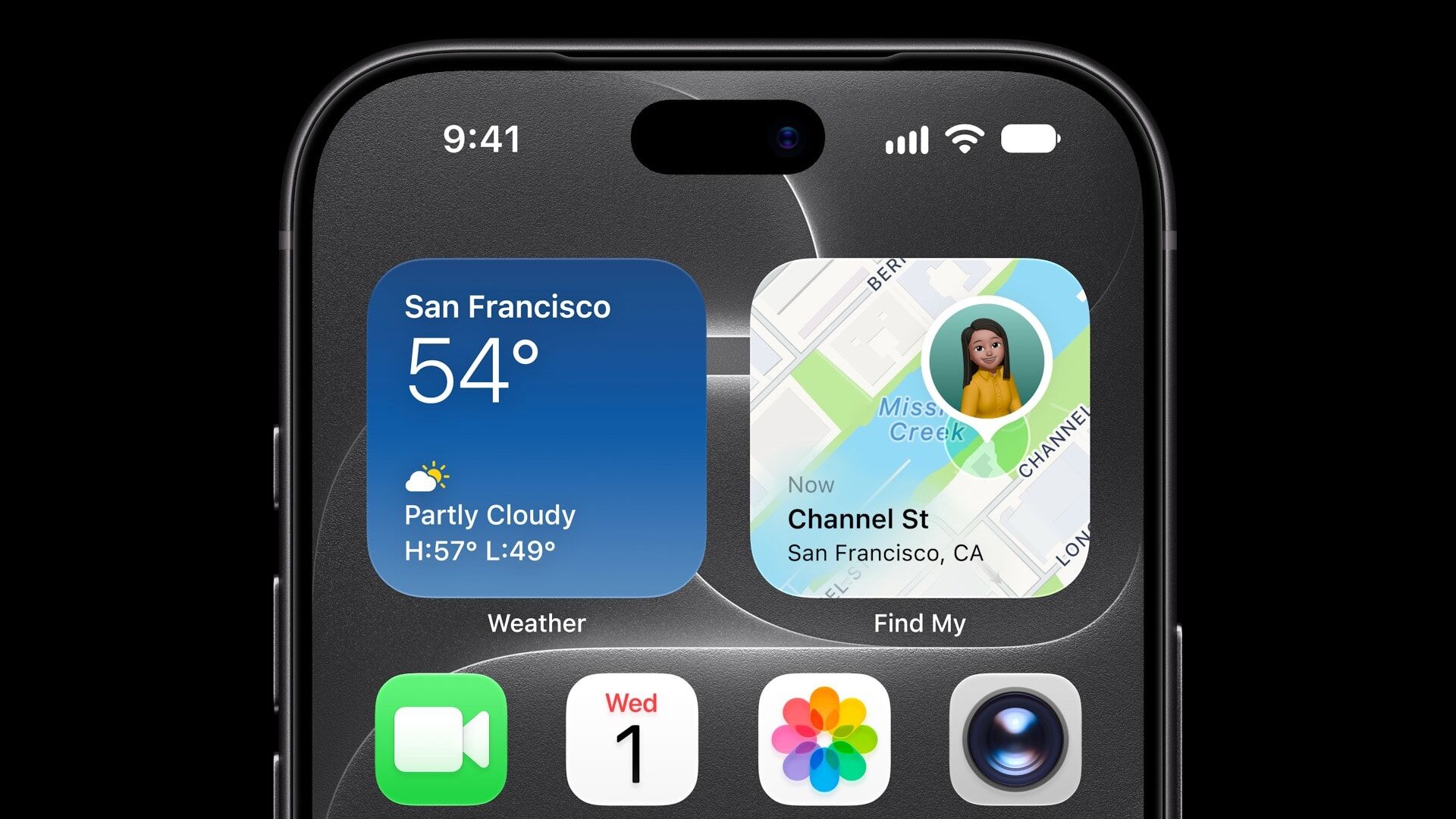 iPhone home screen showing weather and Find My widgets