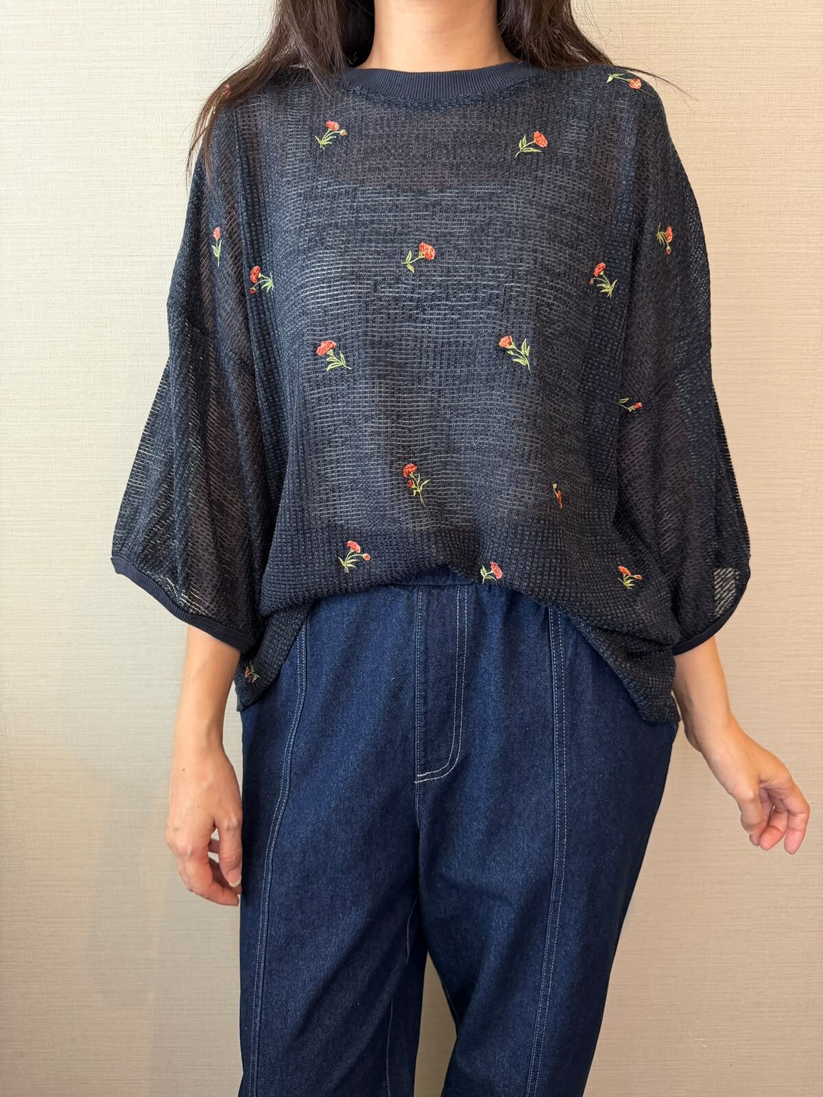Ln 混色薄紗華夫格花紋刺繡 TOP
