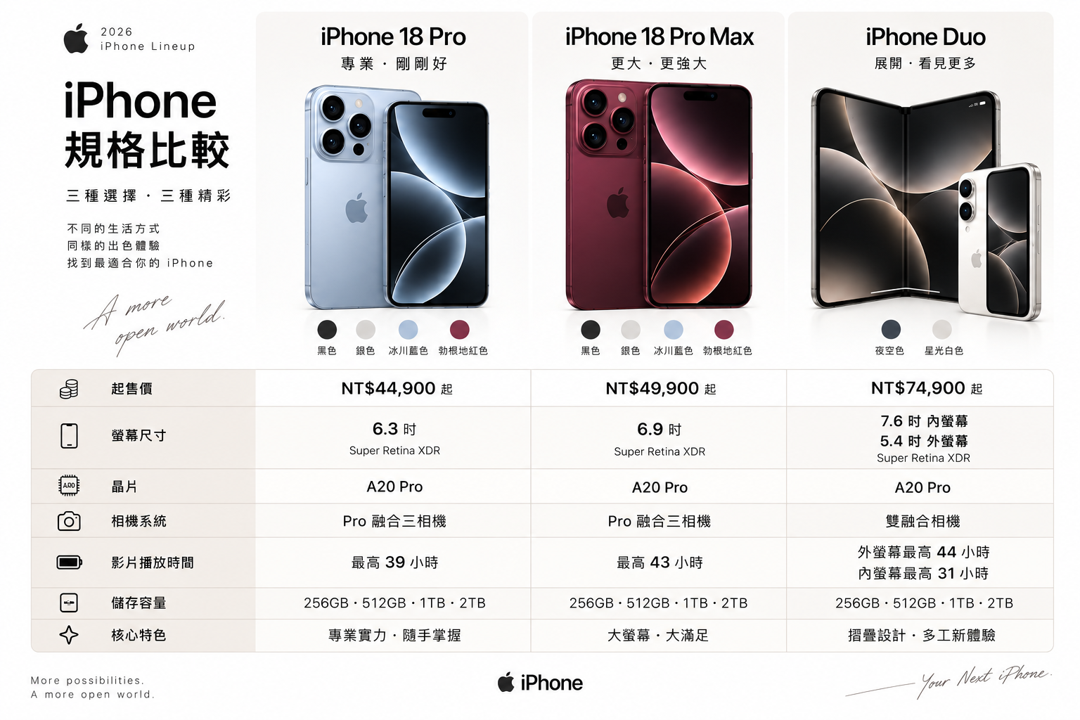 Specification comparison table for iPhone 18 Pro, Pro Max and Duo