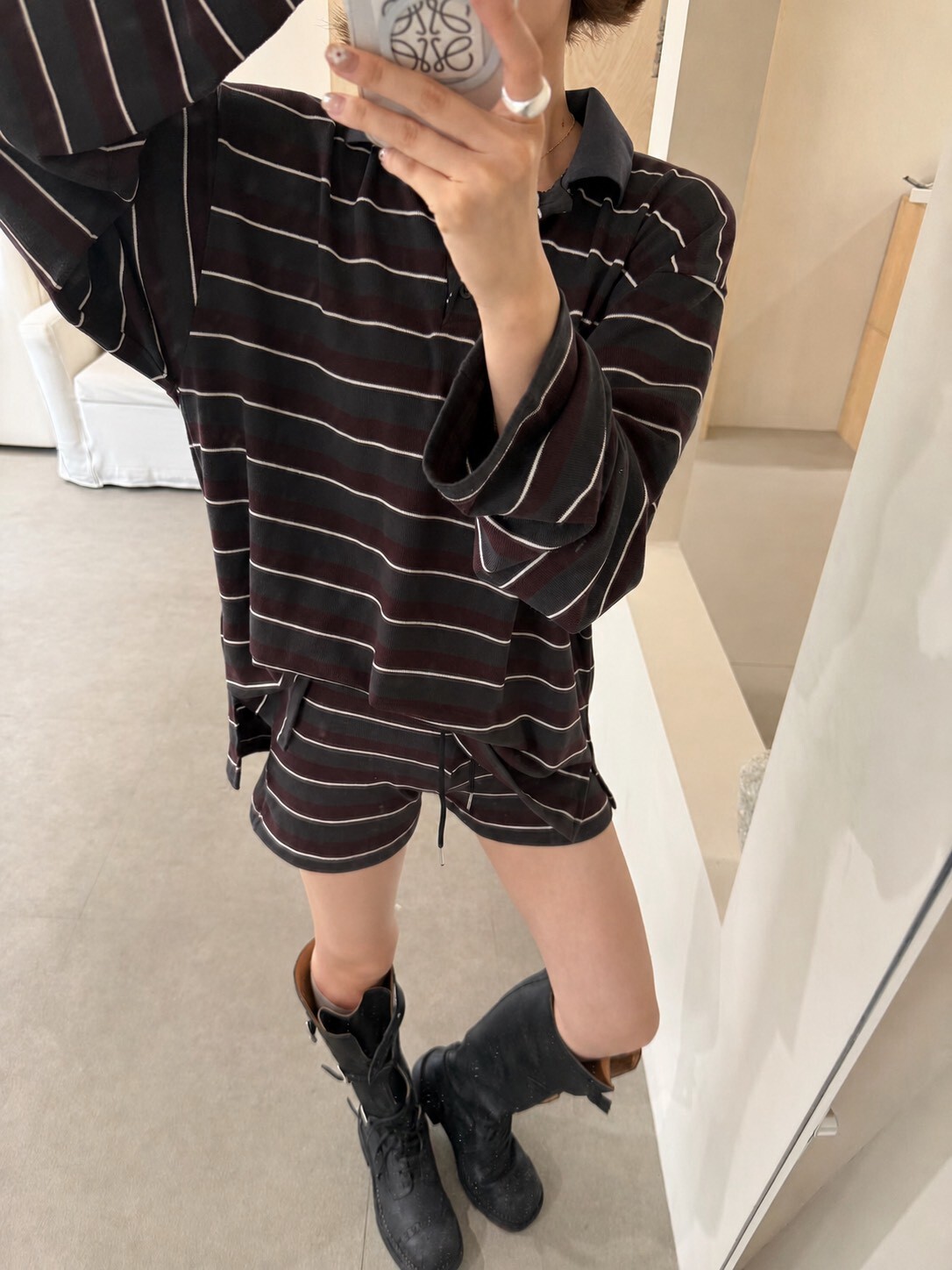 #AK83慵懶條紋POLO套裝(深棕/奶油)