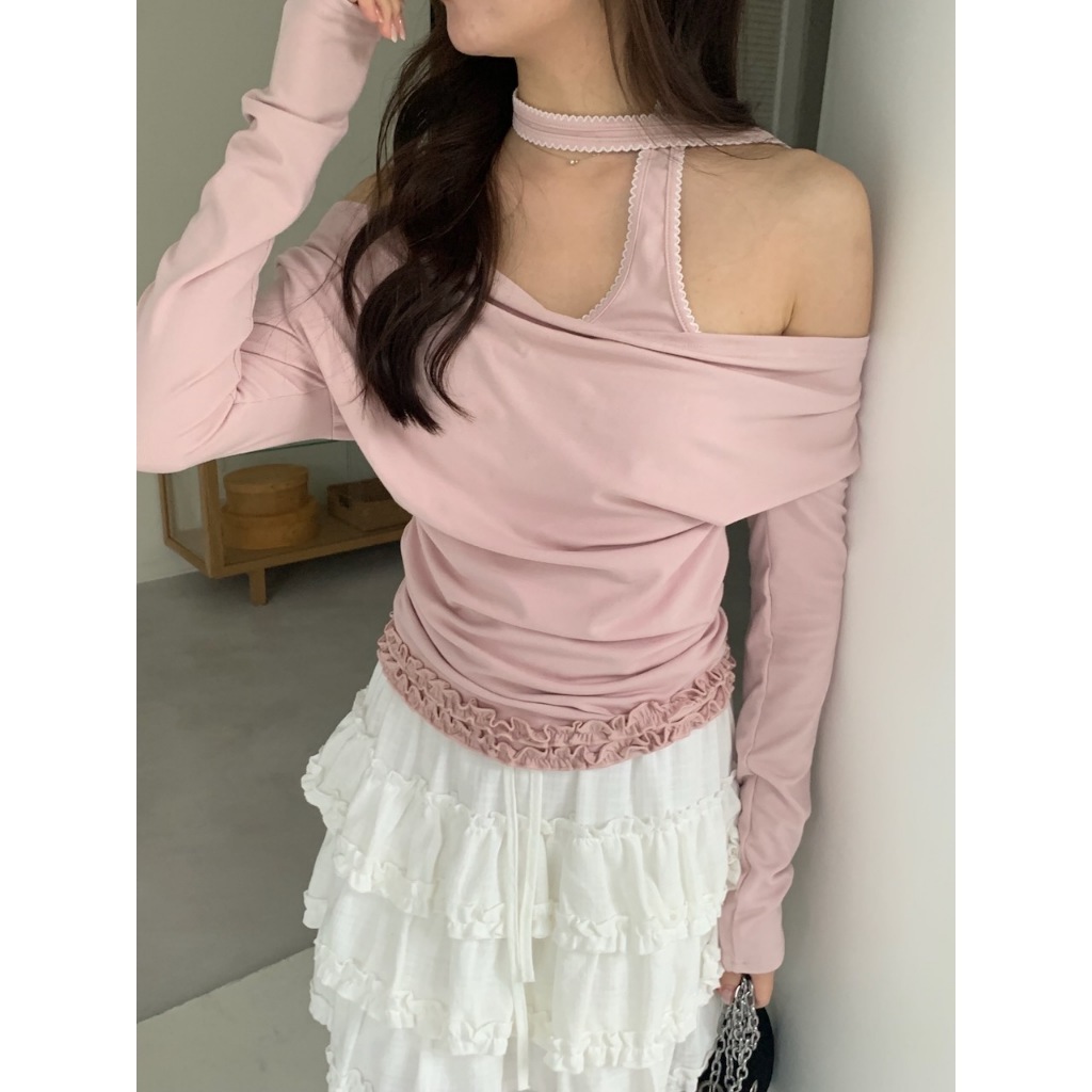 A01 解構浪漫 垂墜領繞脖花邊上衣 #A1005