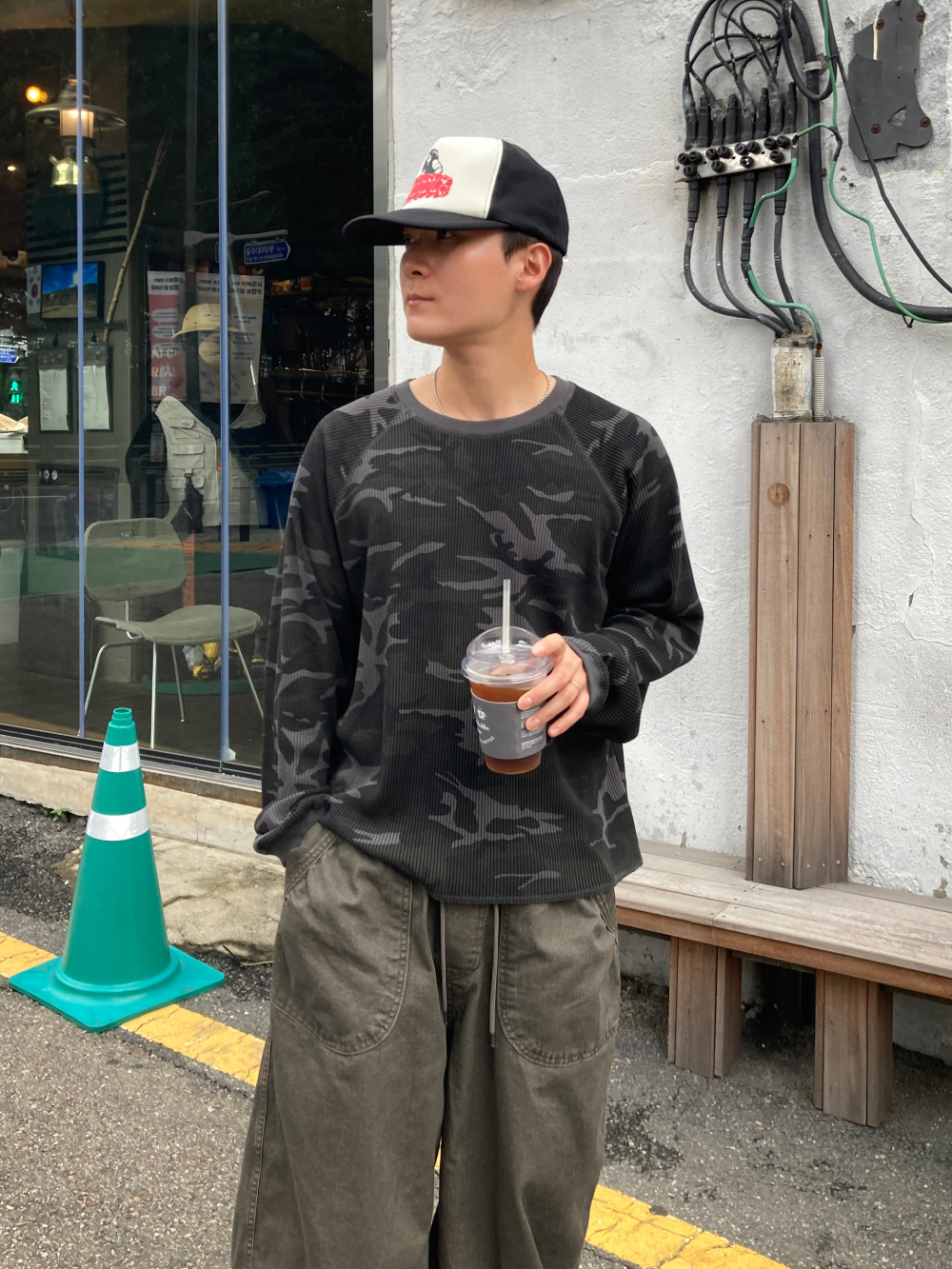 XIN SELECT 韓國 短版 華夫格 鬆餅格 迷彩 縫線 長袖 兩色