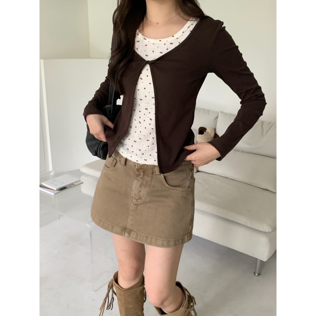 A05 內搭碎花的可愛 假兩件扭結上衣 #A1013