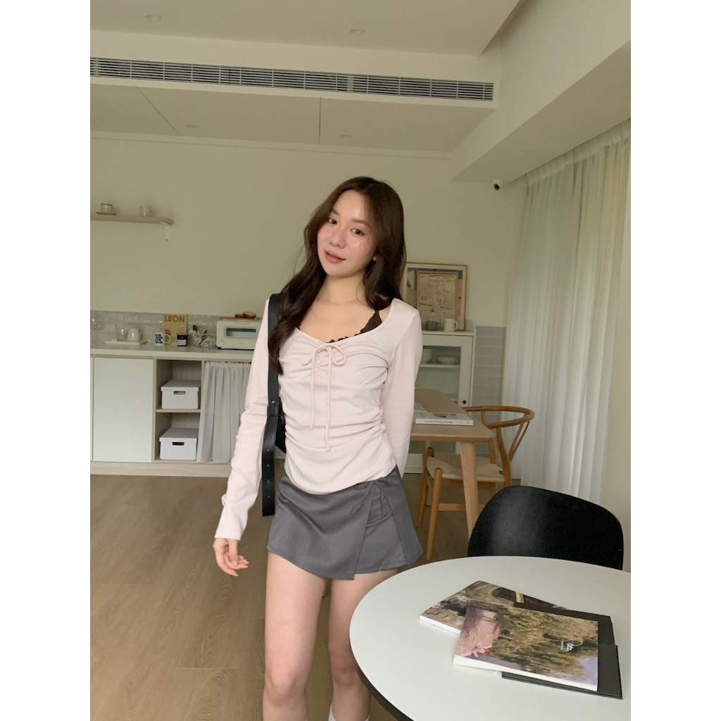 A07 甜美夾心 假兩件綁帶層次上衣 #A1015
