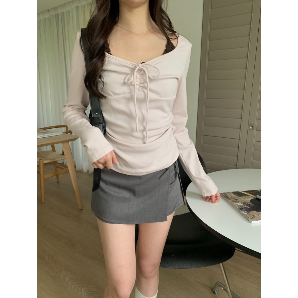 A07 甜美夾心 假兩件綁帶層次上衣 #A1015