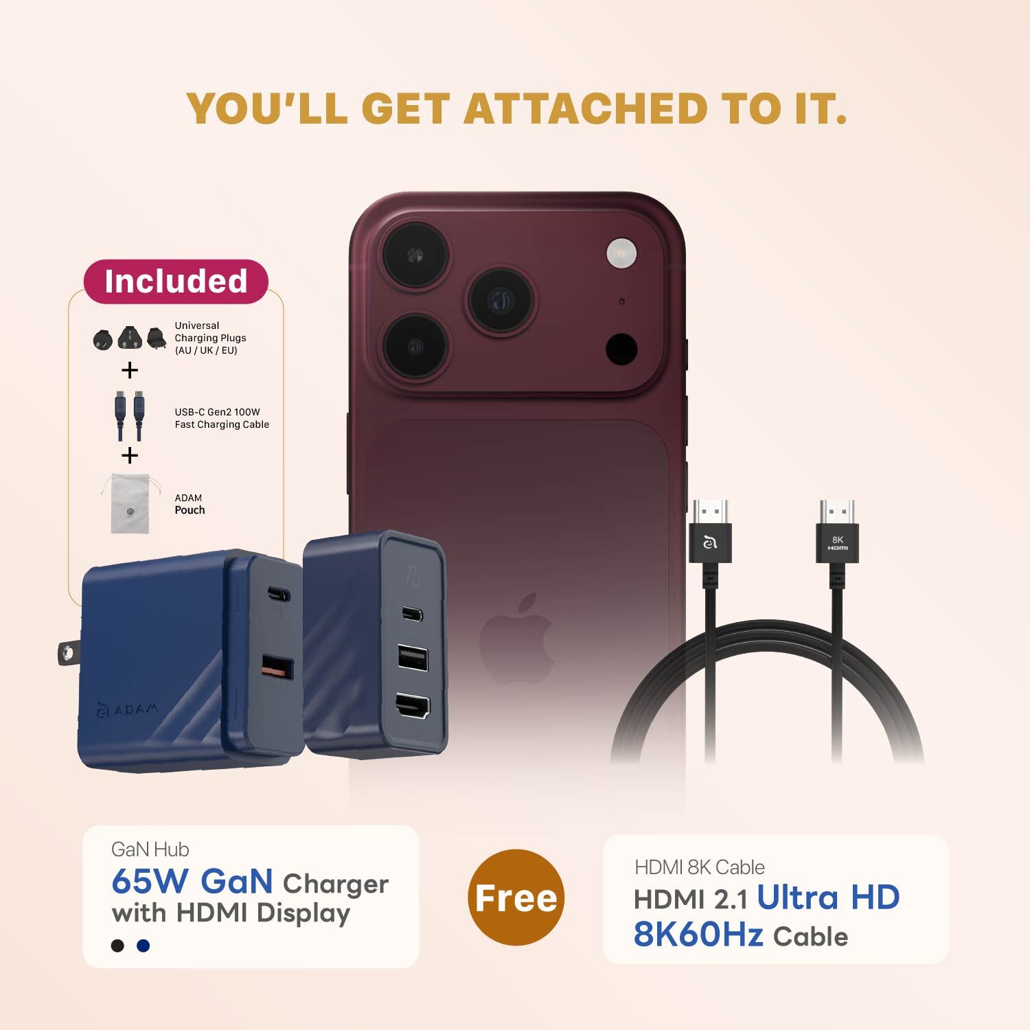 【iPhone 18 Essential Kit】 GaN  Hub 65W GaN Charger with HDMI Display （Free HDMI 8K Cable HDMI 2.1 Ultra HD 8K60Hz Cable)
