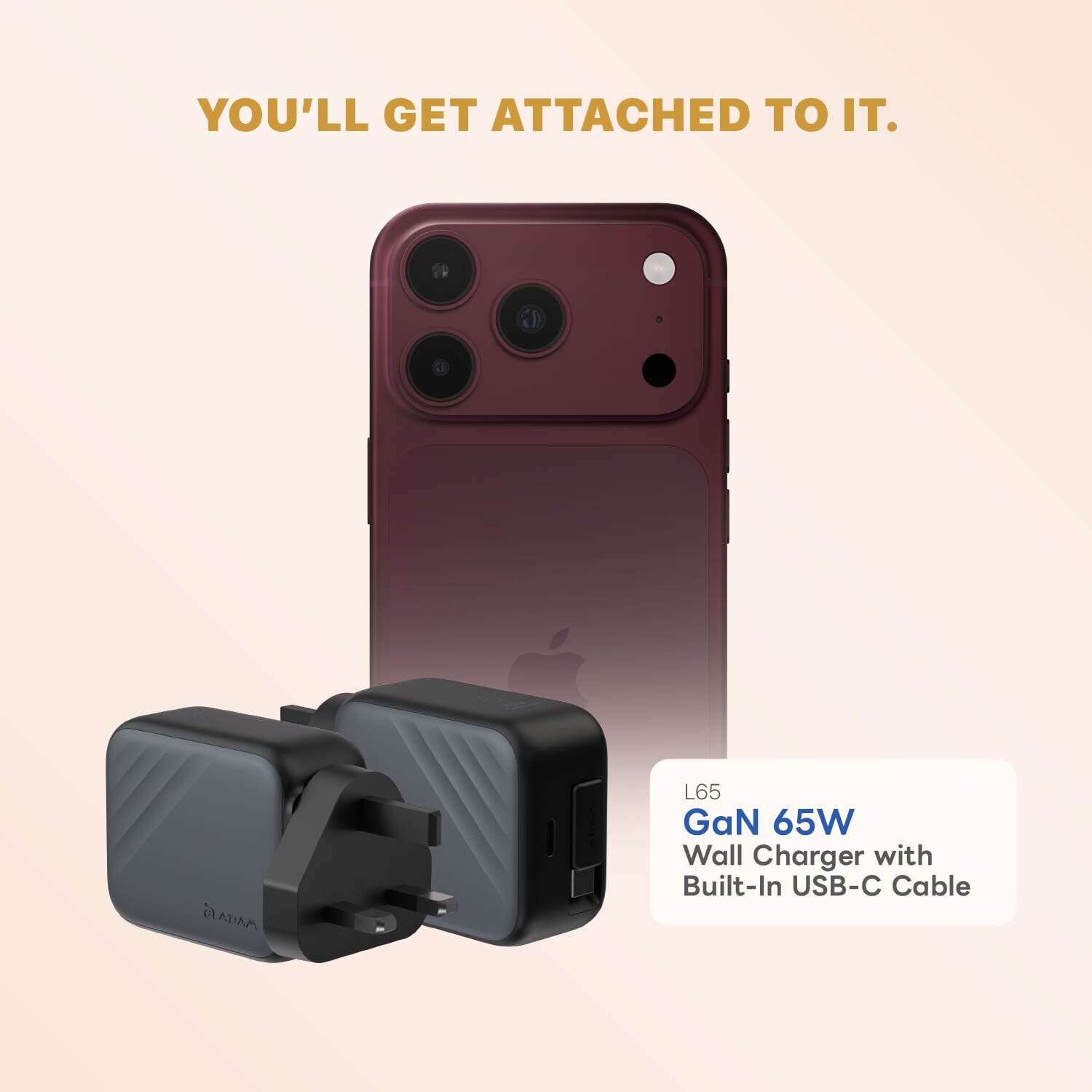 【iPhone 18 Essential Kit】L65 UK GaN 65W Wall Charger with Built-In USB-C Cable