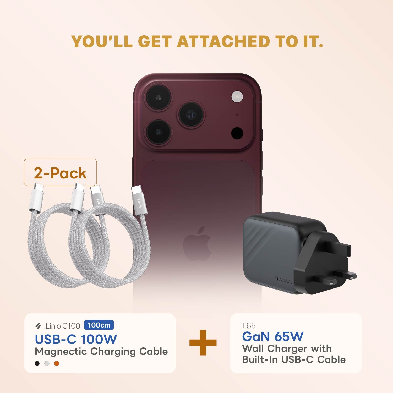 【iPhone 18 Essential Kit】L65 UK GaN 65W Wall Charger with Built-In USB-C Cable + iLinio C100 USB-C to USB-C 100W Magnetic Charging Cable (2-Pack)