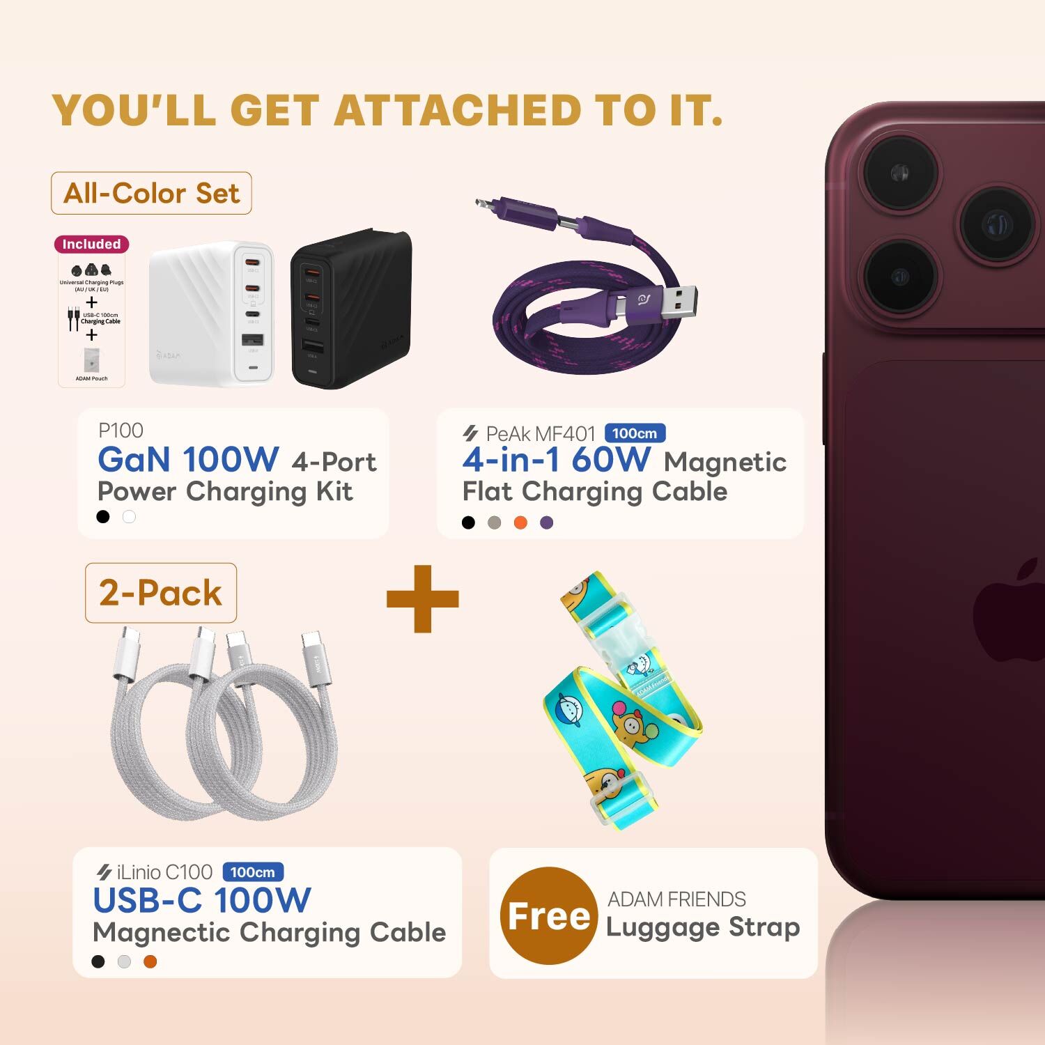【iPhone 18 Essential Kit】P100 100W GaN Charging Kit + iLinio C100 100W Magnetic Cable (2-Pack) + MF401 60W Magnetic Cable (Free ADAM FRIENDS Strap Included)
