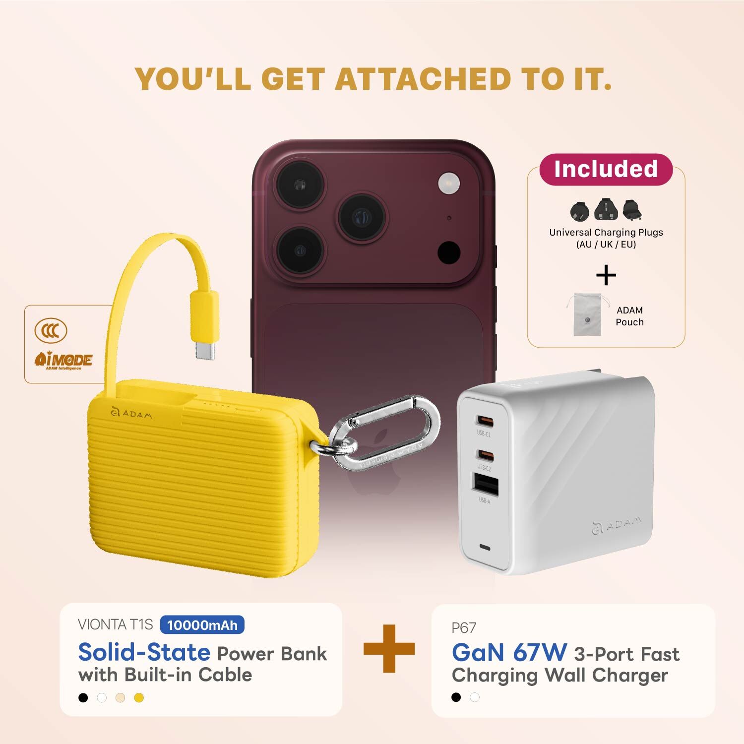 【iPhone 18 Essential Kit】VIONTA T1S 10000mAh Solid-State Power Bank with Built-In Cable + P67 GaN 67W 3-Port Fast Charging Wall Charger