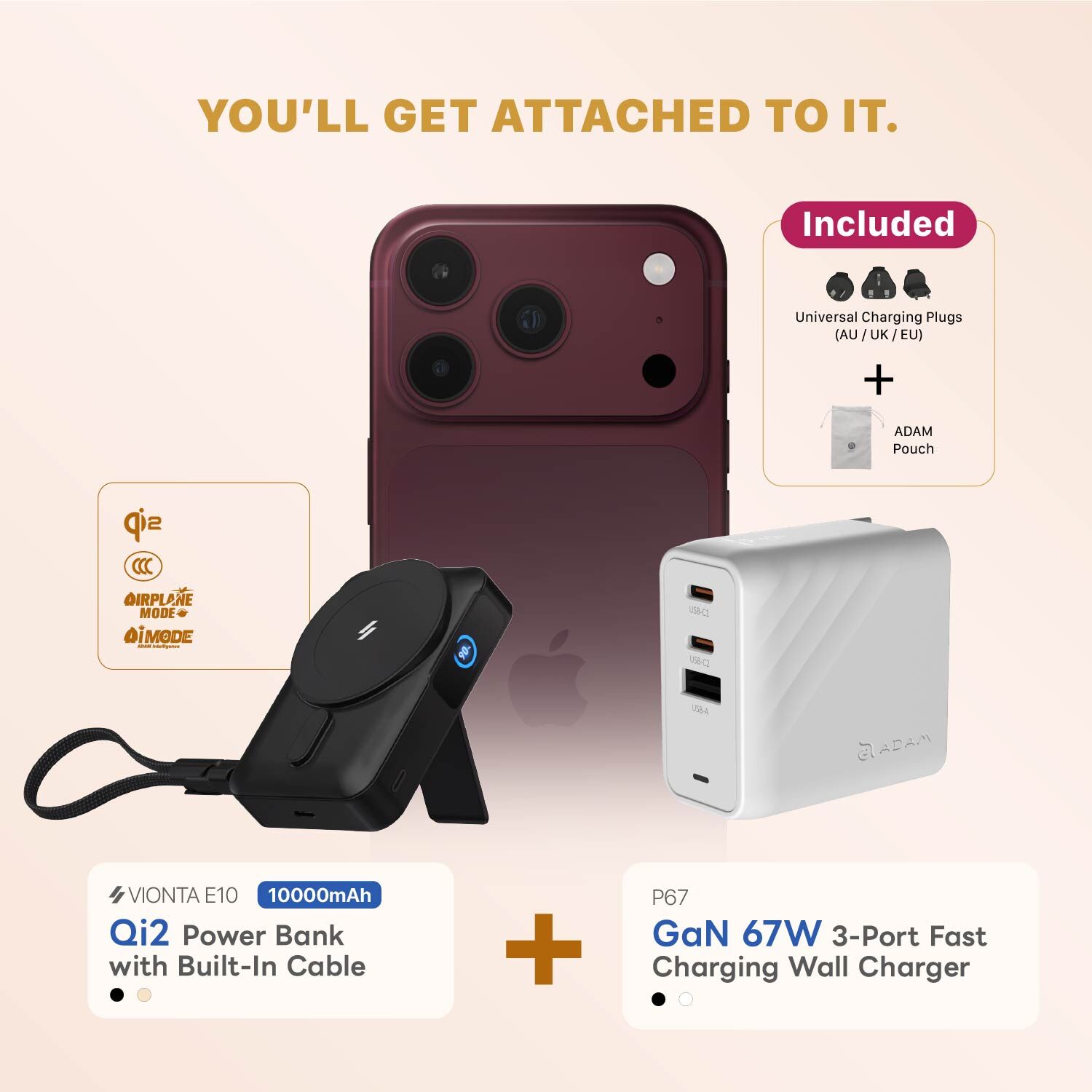 【iPhone 18 Essential Kit】VIONTA E10 Solid-State Power Bank with Foldable Stand 10000mAh + P67 GaN 67W 3-Port Fast Charging Wall Charger