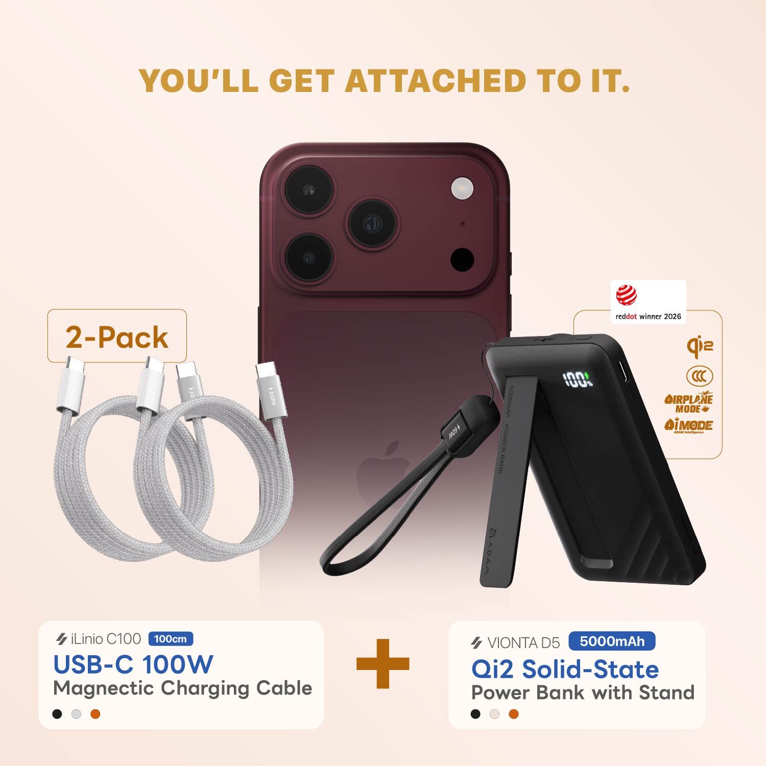 【iPhone 18 Essential Kit】VIONTA D5 Qi2 Solid-State Power Bank with Stand + iLinio C100 USB-C to USB-C 100W Magnetic Charging Cable