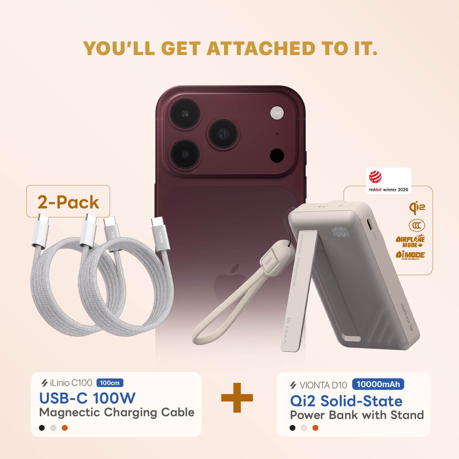 【iPhone 18 Essential Kit】VIONTA D10 Qi2 Solid-State Power Bank with Stand + iLinio C100 USB-C to USB-C 100W Magnetic Charging Cable