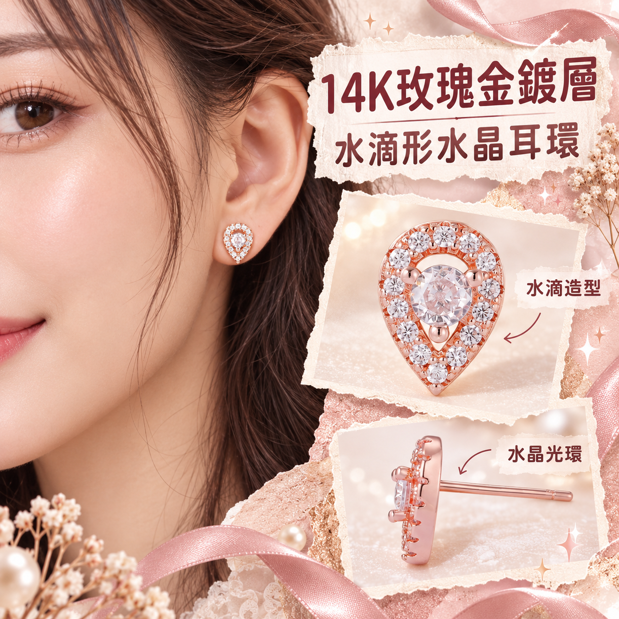 【預購】Adornia N091055 14K 玫瑰金鍍層水滴形水晶耳環