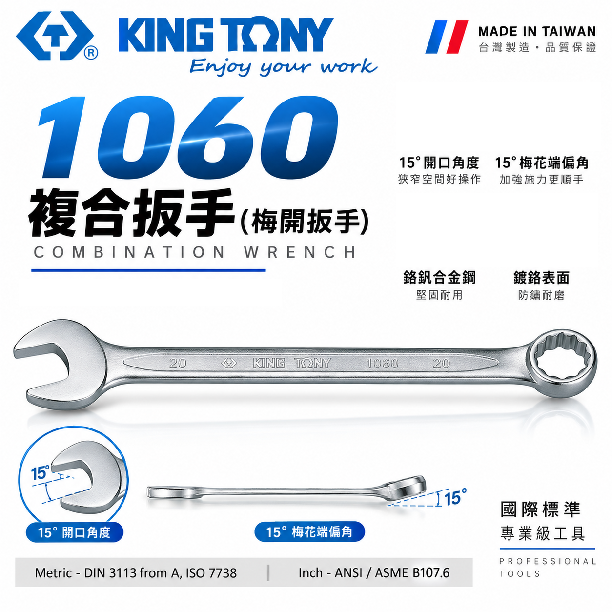 KING TONY 金統立｜歐式薄型梅開板手 梅開扳手 梅花開口板手 鉻釩鋼｜1060｜公制5.5-32mm