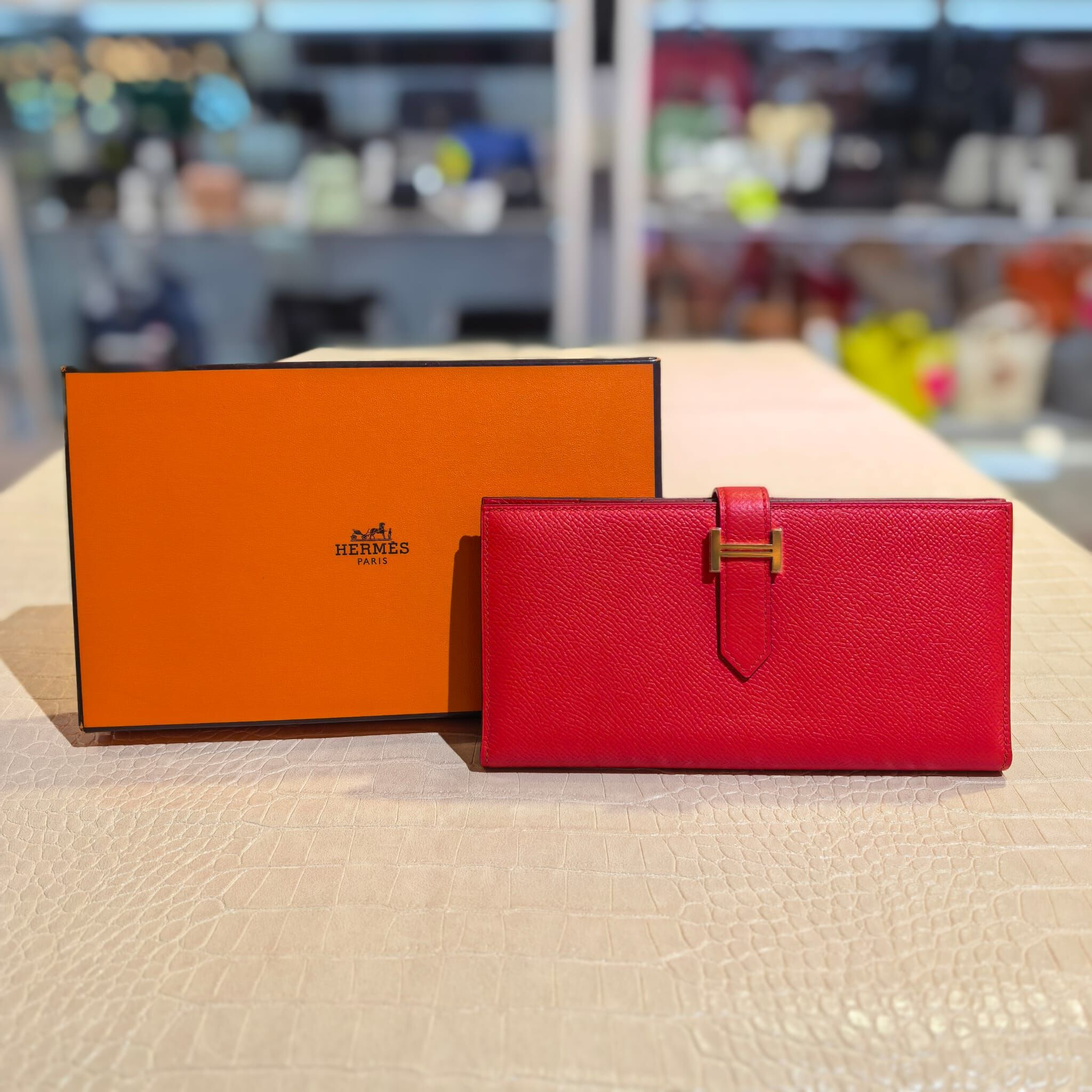 全新HERMES長銀包,卡薩克紅色EPSOM皮,金扣, BEARN LONG WALLET, #BRAND NEW #香榭站正品