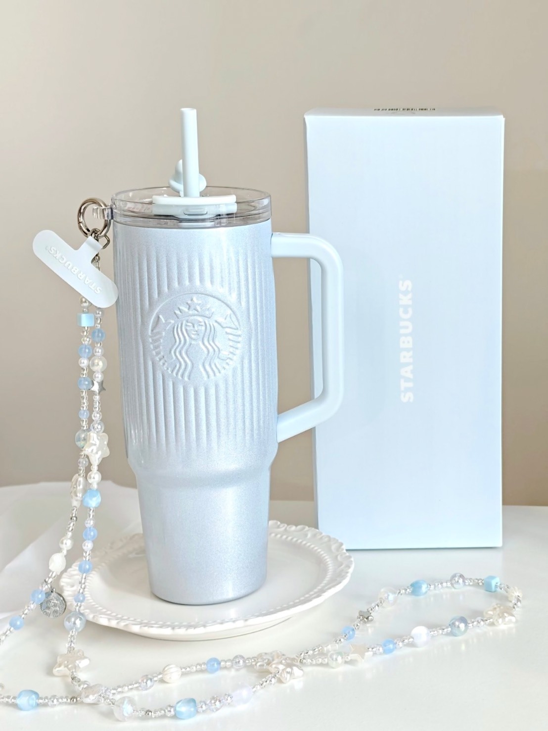 STARBUCKS 星巴克 冰晶珠光 配珍珠掛鏈 雙飲口 不鏽鋼 冰壩杯 910ML