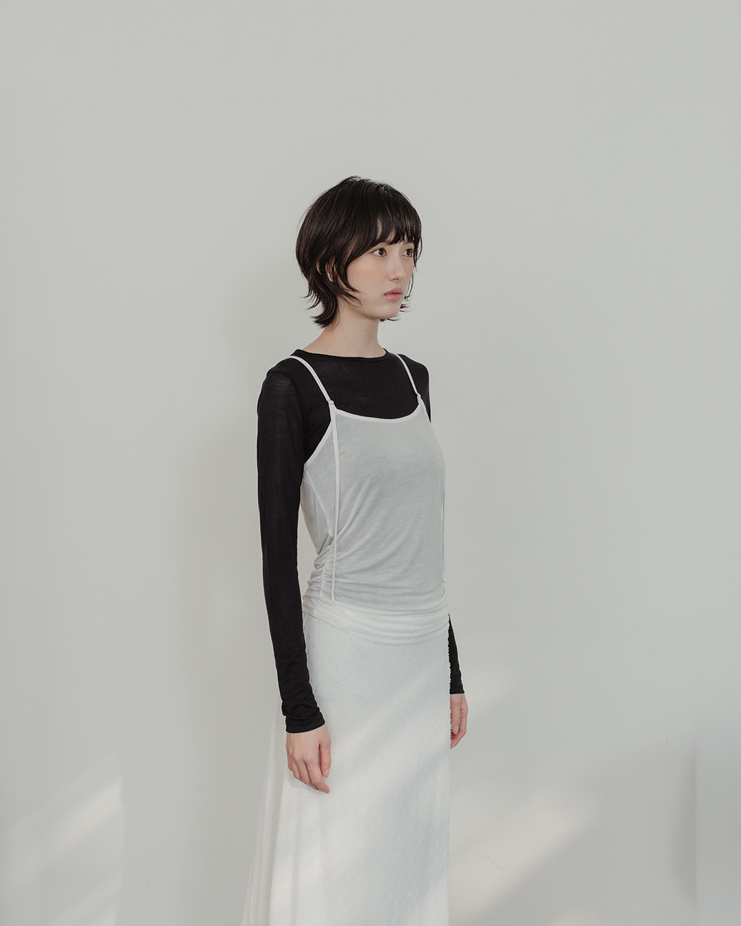 Two-piece sheer long-sleeved vest top - black【01140102】in stock+pre-order