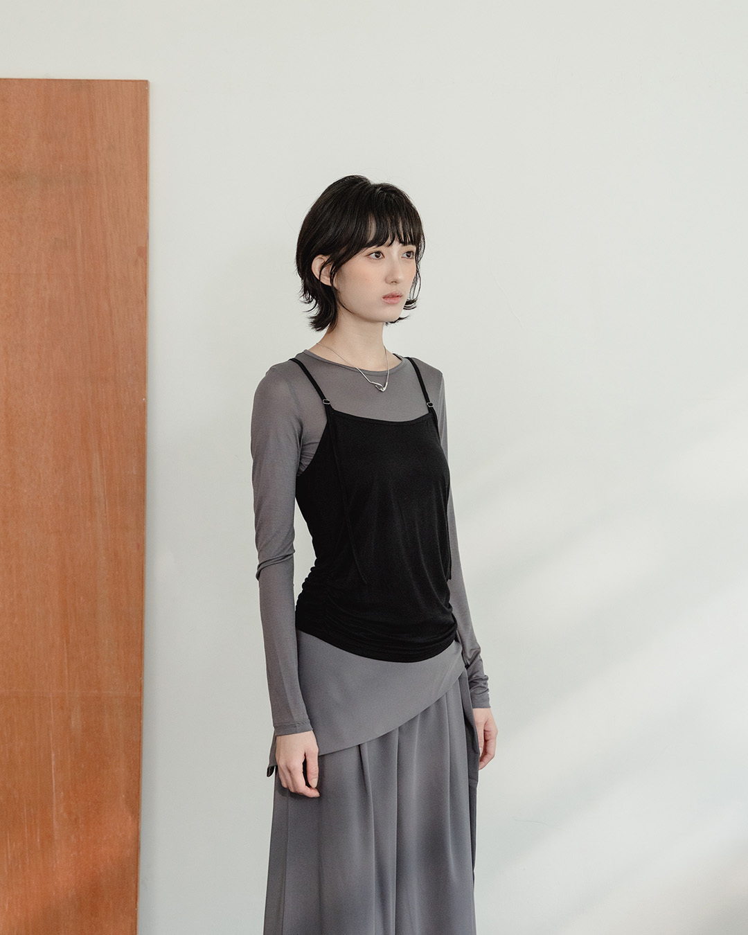 Two-piece sheer long-sleeved vest top - gray【01140101】in stock+pre-order