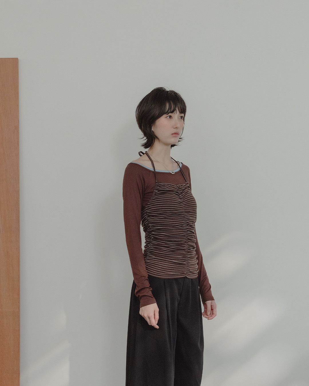 Striped, wrinkled, halter-neck fitted vest - coffee【01099889】in stock+pre-order