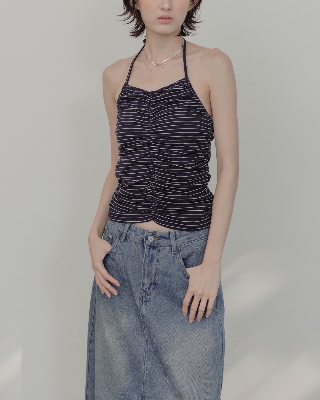 Striped Crinkled Halter-Neck Fitted Tank Top – Dark Blue【01099890】in stock+pre-order