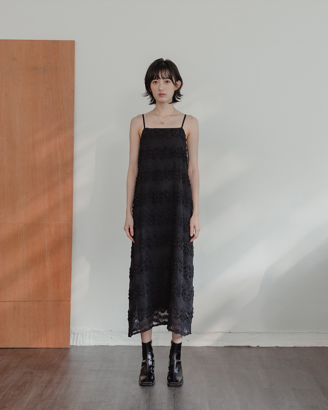3D Jacquard Patchwork Spaghetti Strap Long Dress - Black【01087381】in stock+pre-order