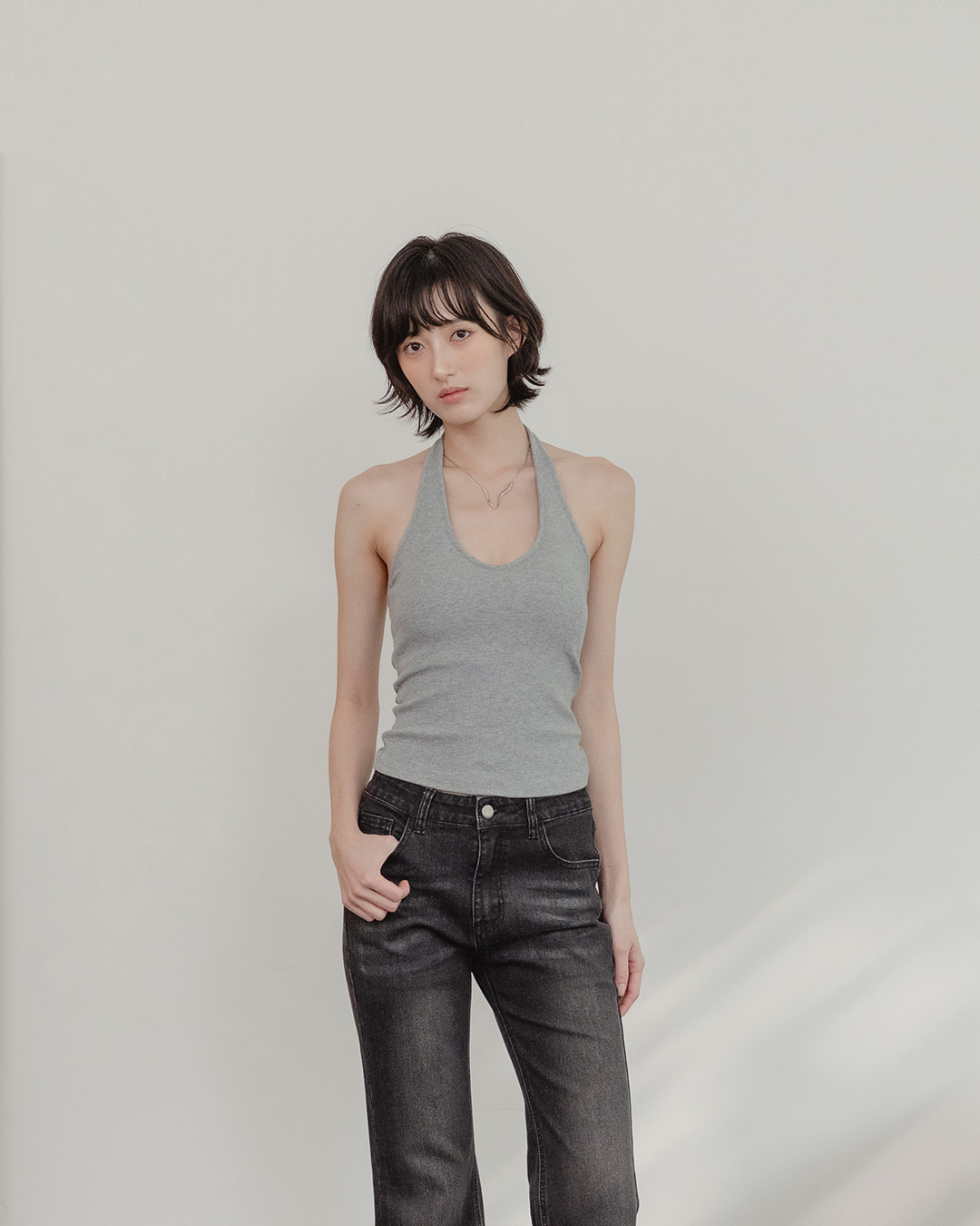 Plain ribbed halter neck bra top - heather gray【01041997】in stock+pre-order