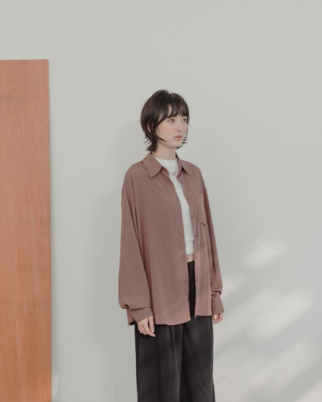 Plain single-pocket asymmetrical oversized shirt - brown【01025893】in stock+pre-order