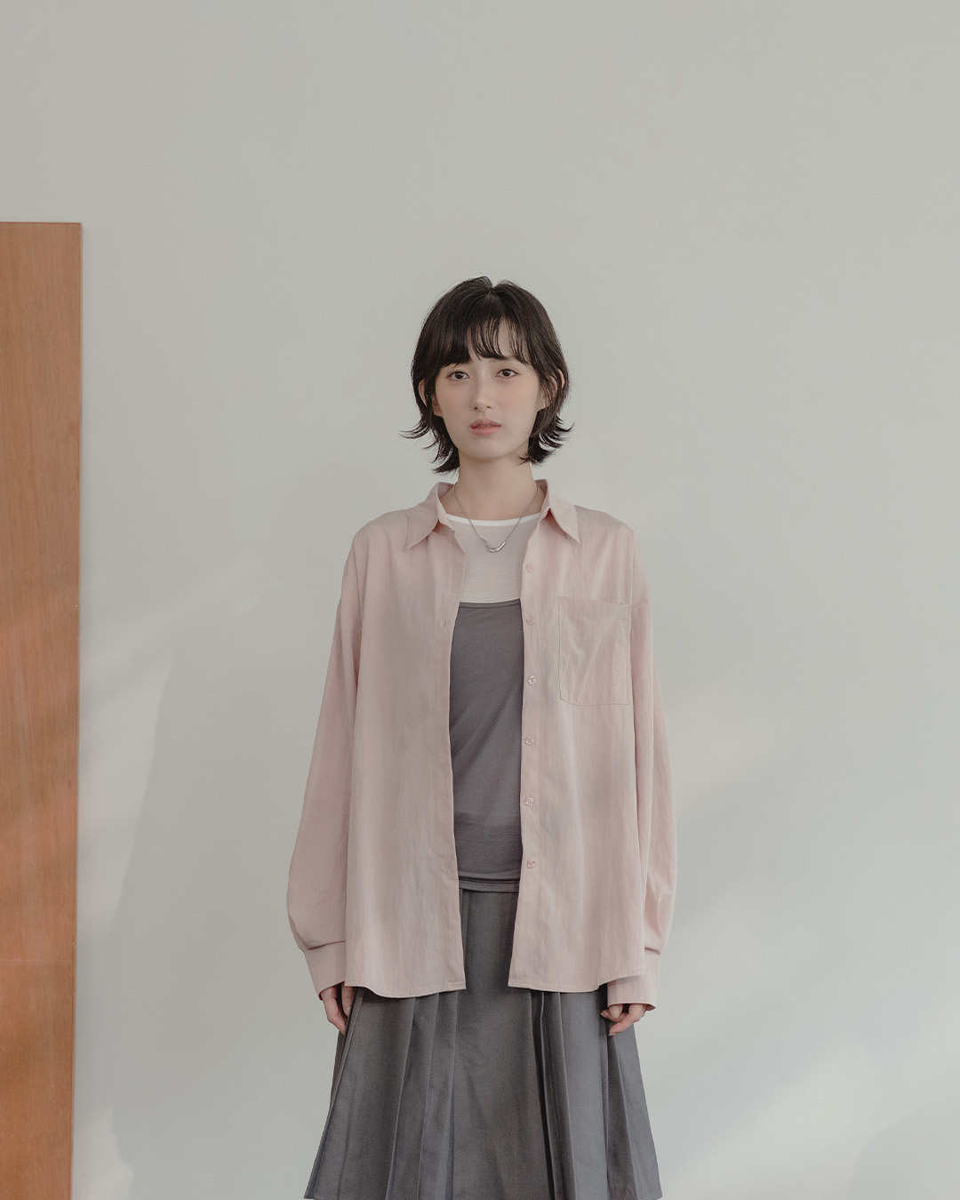 Oversized Solid Shirt with Single Chest Pocket and Asymmetric Back Hem – Pink【01025892】in stock+pre-order