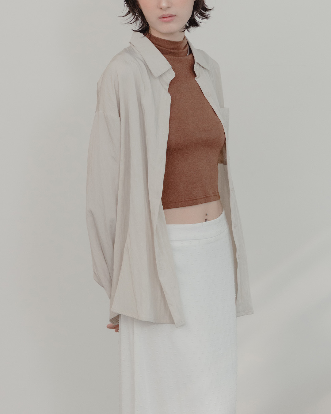 Plain single-pocket asymmetrical oversized shirt - Apricot【01025891】in stock+pre-order
