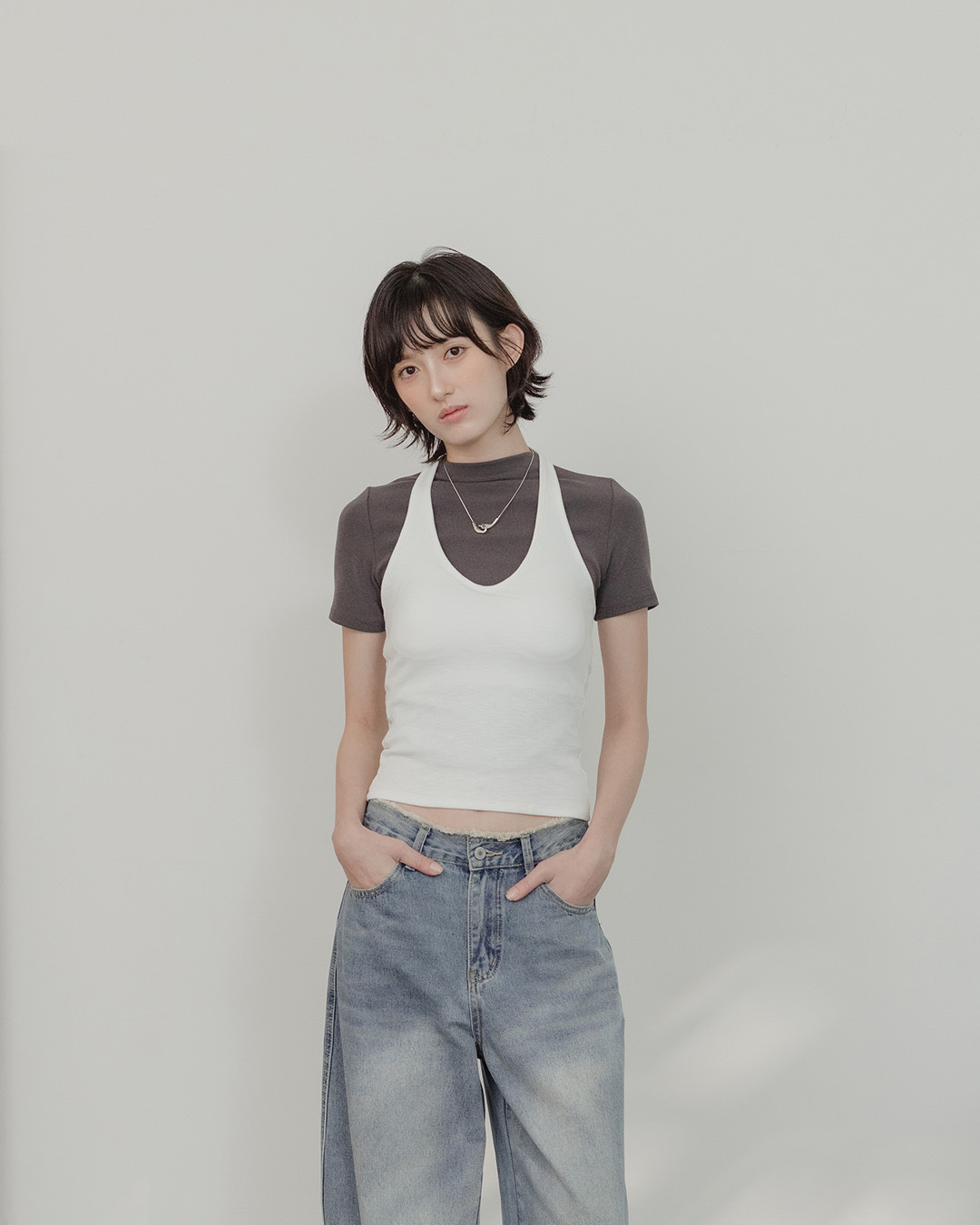Plain Ribbed Neck Strap Bra Top - White【01041996】in stock+pre-order