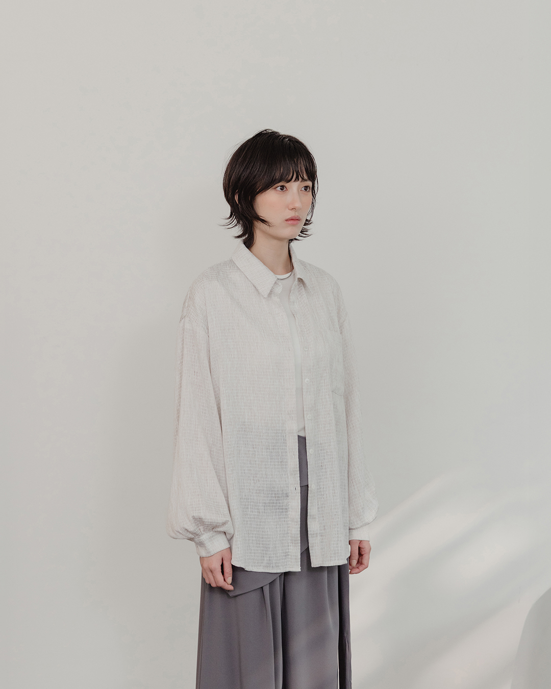 Mixed yarn textured single pocket wide-sleeved shirt【01025864】in stock+pre-order