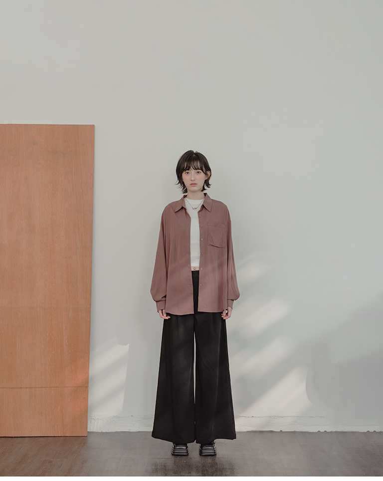Plain single-pocket asymmetrical oversized shirt - brown【01025893】in stock+pre-order