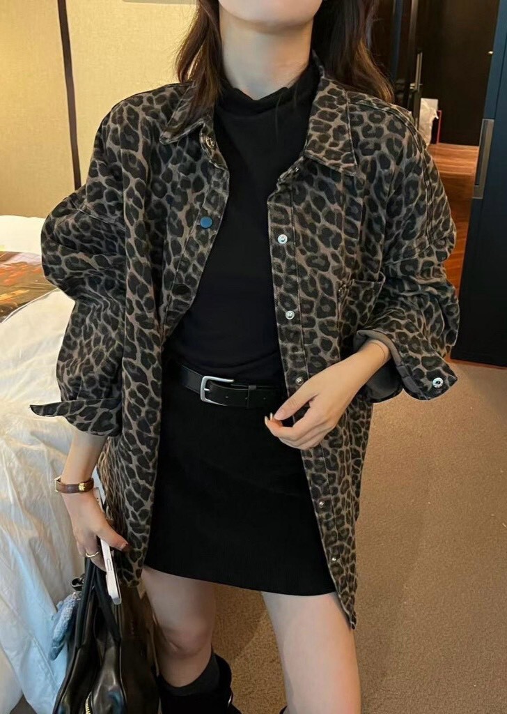 口袋黑標豹紋水洗襯